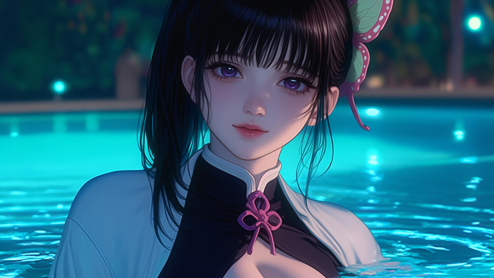 Kanao Tsuyuri from Demon Slayer resting by a swimming pool under moonlight