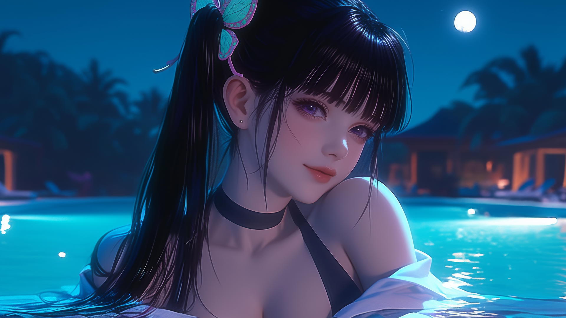 Kanao Tsuyuri from Demon Slayer resting by a moonlit swimming pool.