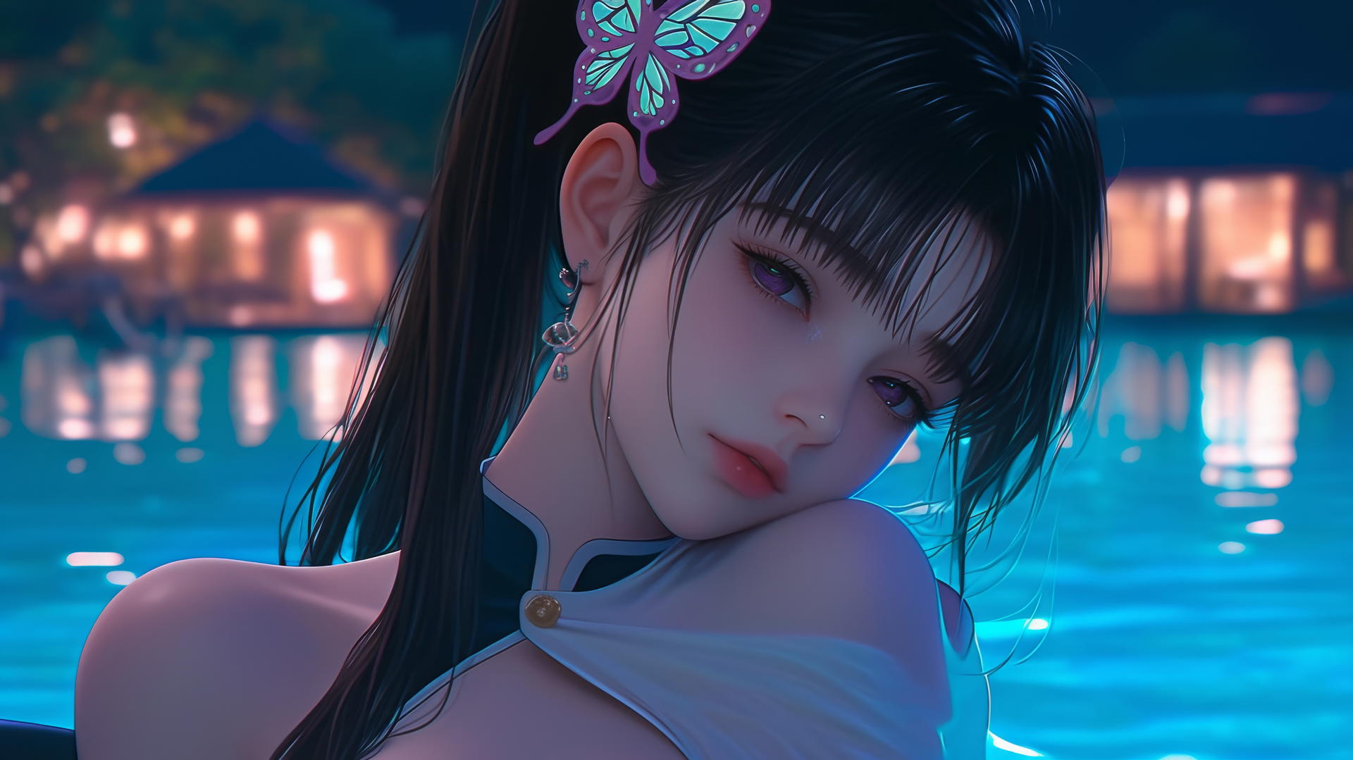 Kanao Tsuyuri from Demon Slayer resting by a swimming pool under moonlight
