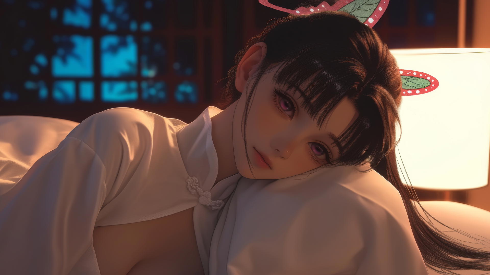Kanao Tsuyuri resting in a modern hotel room with warm lighting and butterfly hair ornament