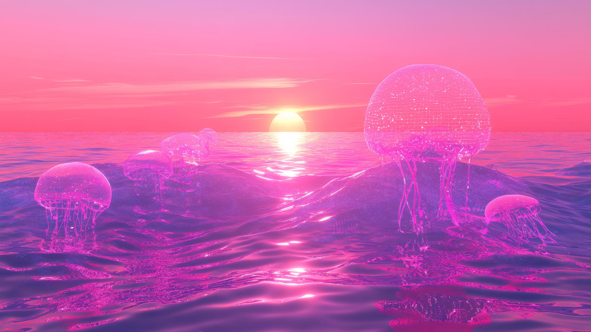 pink Y2K wallpaper with neon pink waves, pixelated jellyfish, and holographic reflections under a pink sunset