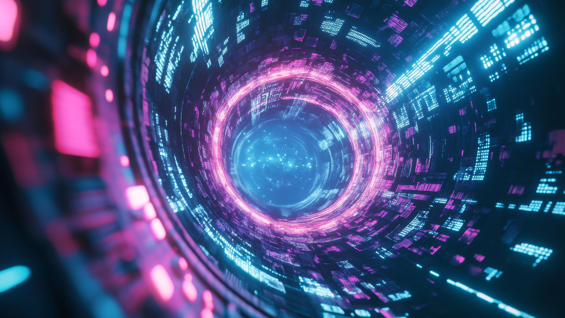 A cyber Y2K wallpaper featuring a glowing neon portal with pixelated symbols and glitch effects.