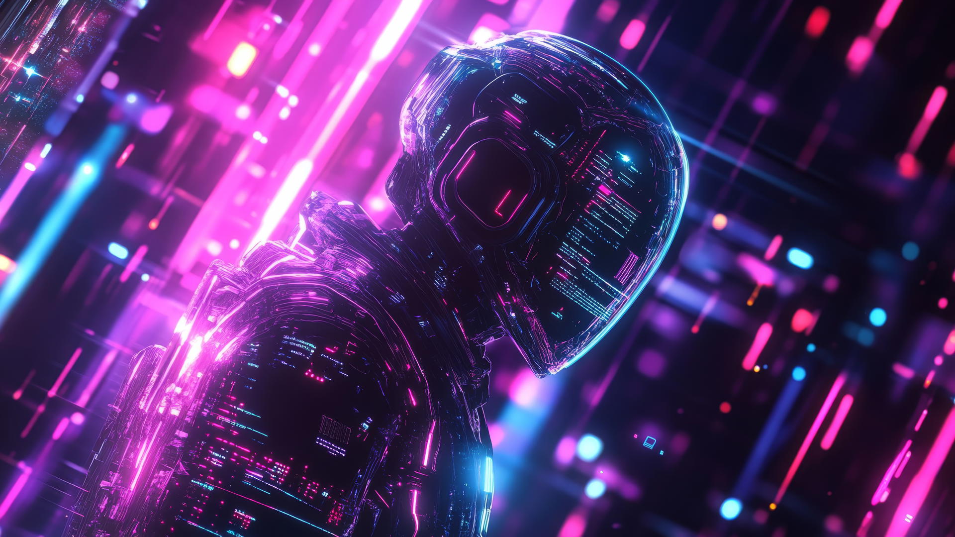cyber Y2K wallpaper with digital warrior in neon battle suit, circuit lines, and pixelated particles