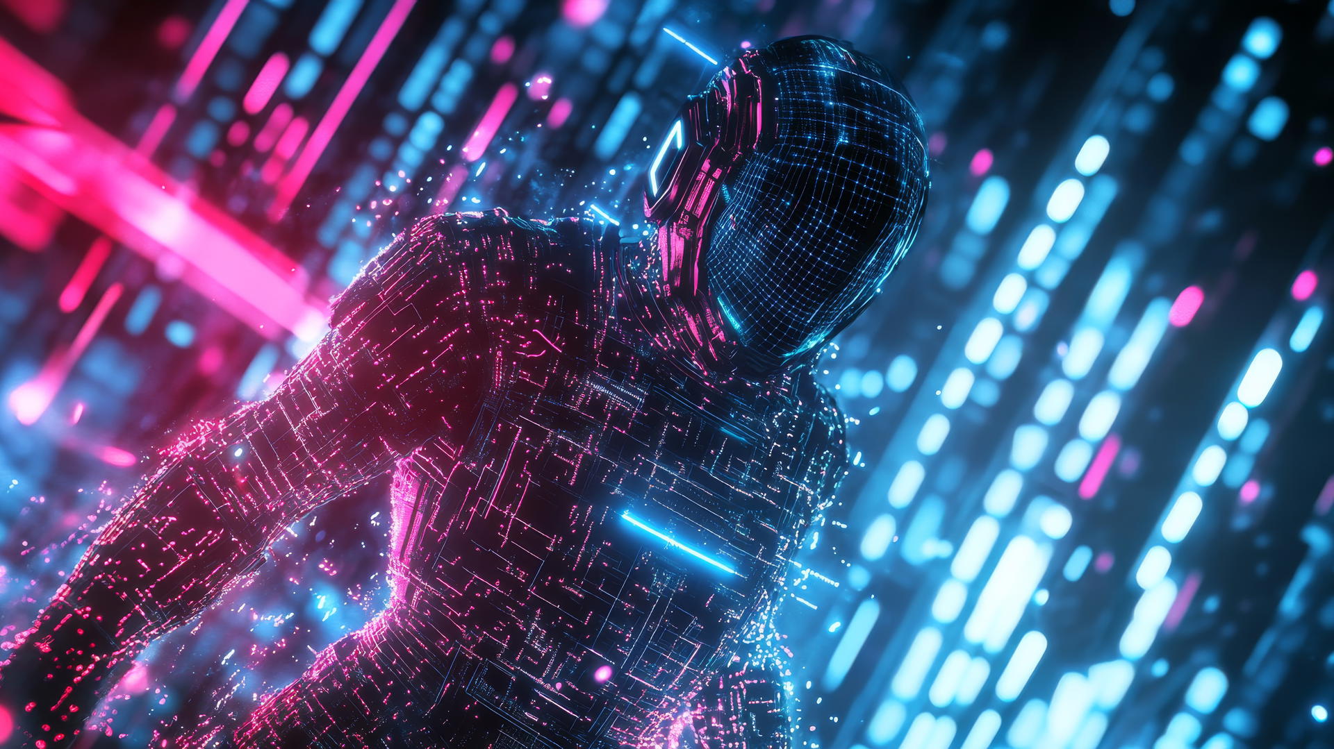 Cyber Y2K wallpaper with a digital warrior in neon battle suit, glowing circuits.