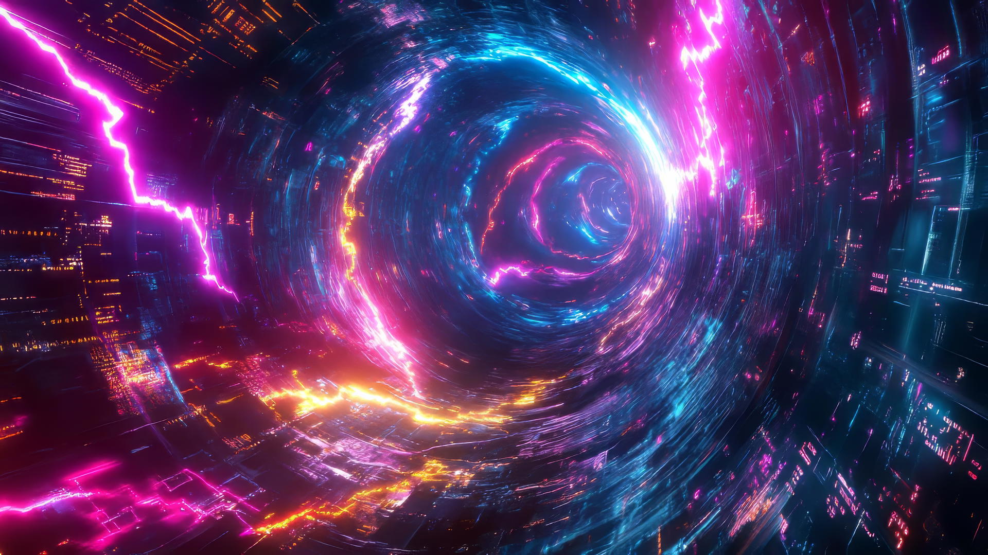 Y2K aesthetic wallpaper with vortex of digital code, holographic shapes, neon bolts