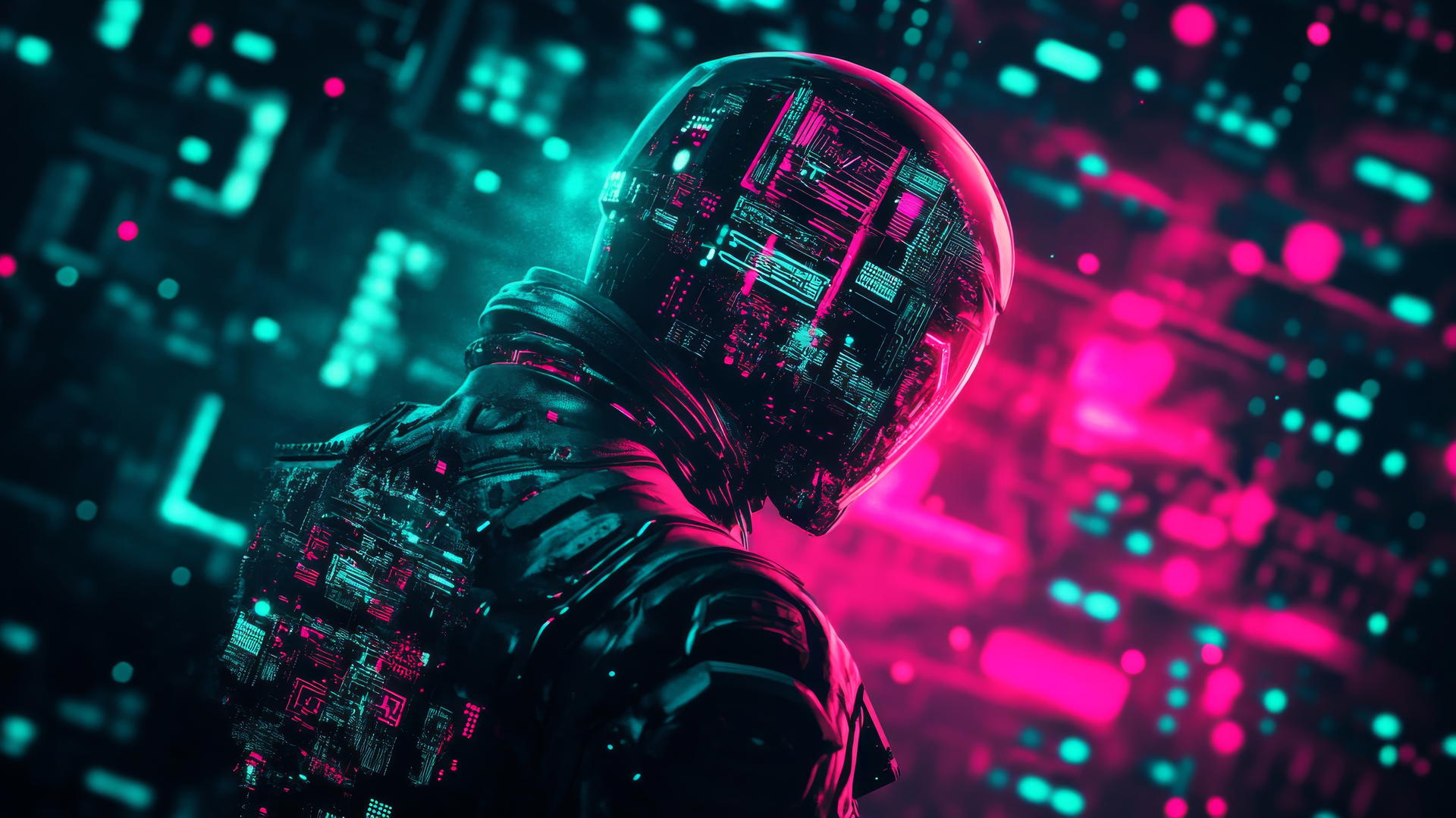 Cyber Y2K wallpaper with digital warrior in neon armor, on black battlefield