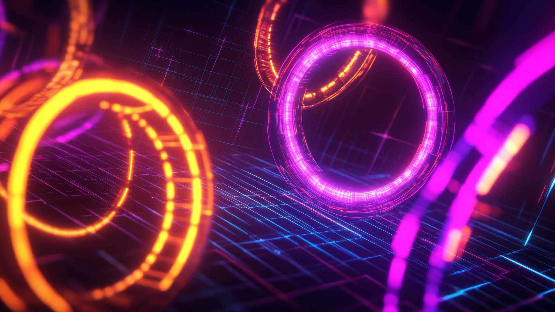 wallpaper y2k with vibrant neon rings, glitchy geometric shapes on digital grid