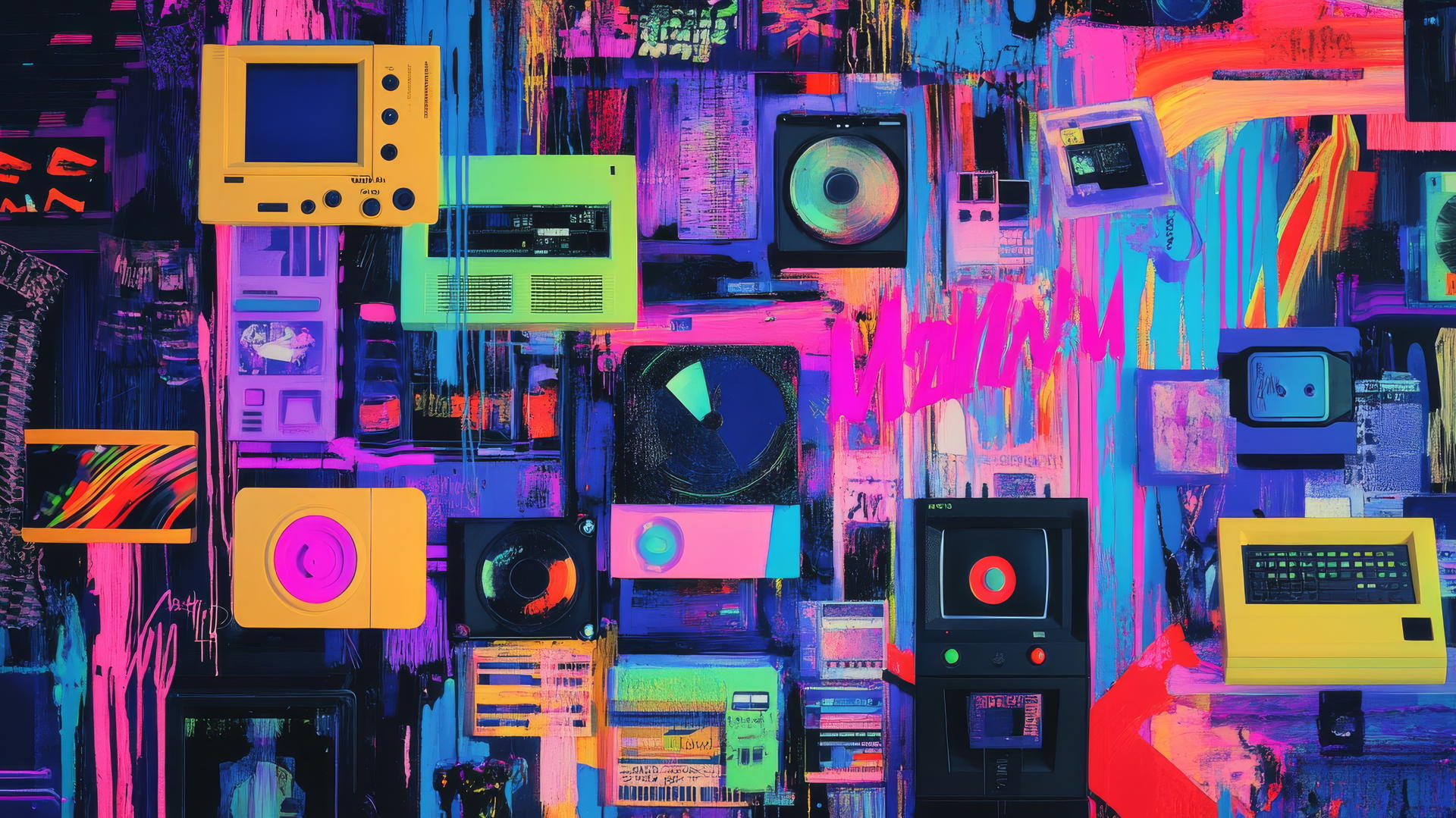 Y2K wallpaper featuring digital pop art elements like floppy disks, MP3 players, cell phones