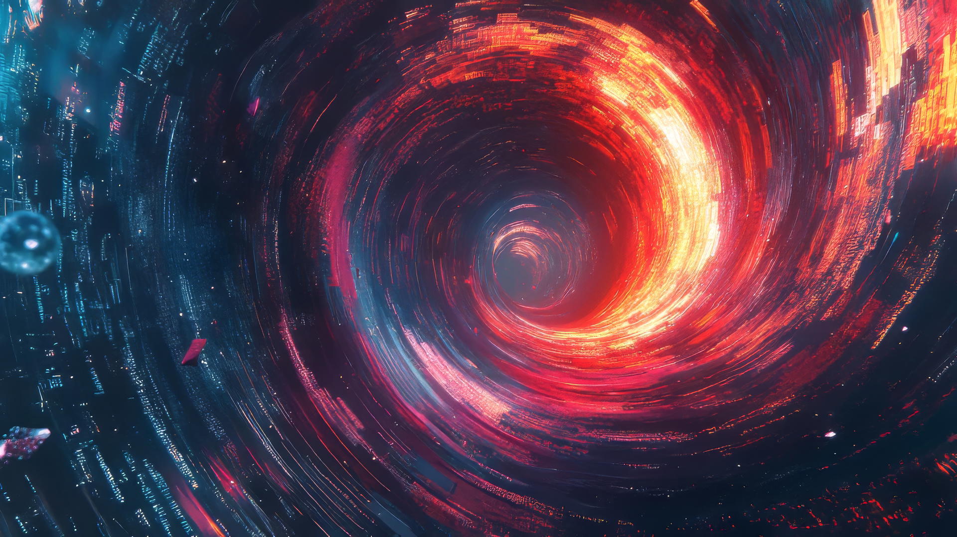 Y2K wallpaper with swirling vortex of binary code, pixelated particles, retro game vibe.