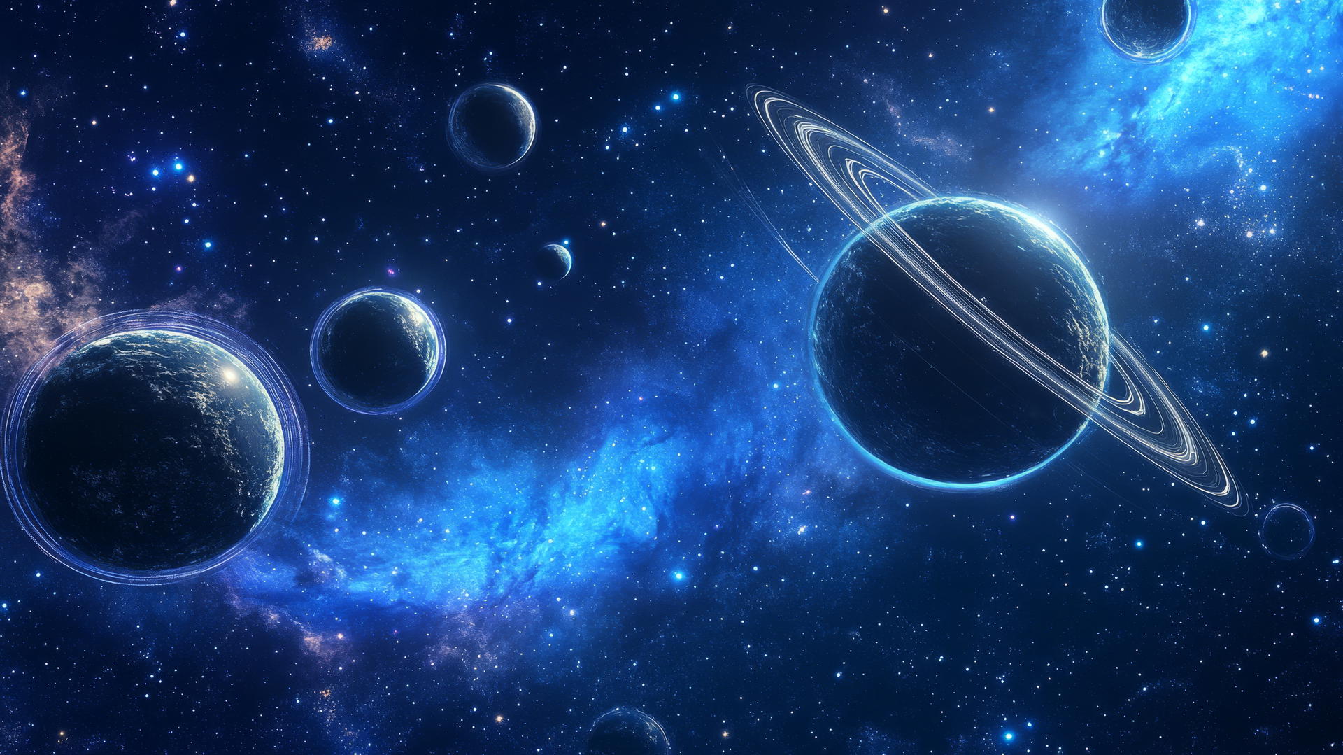 Y2K wallpaper of floating chrome planets with digital stars and holographic rings