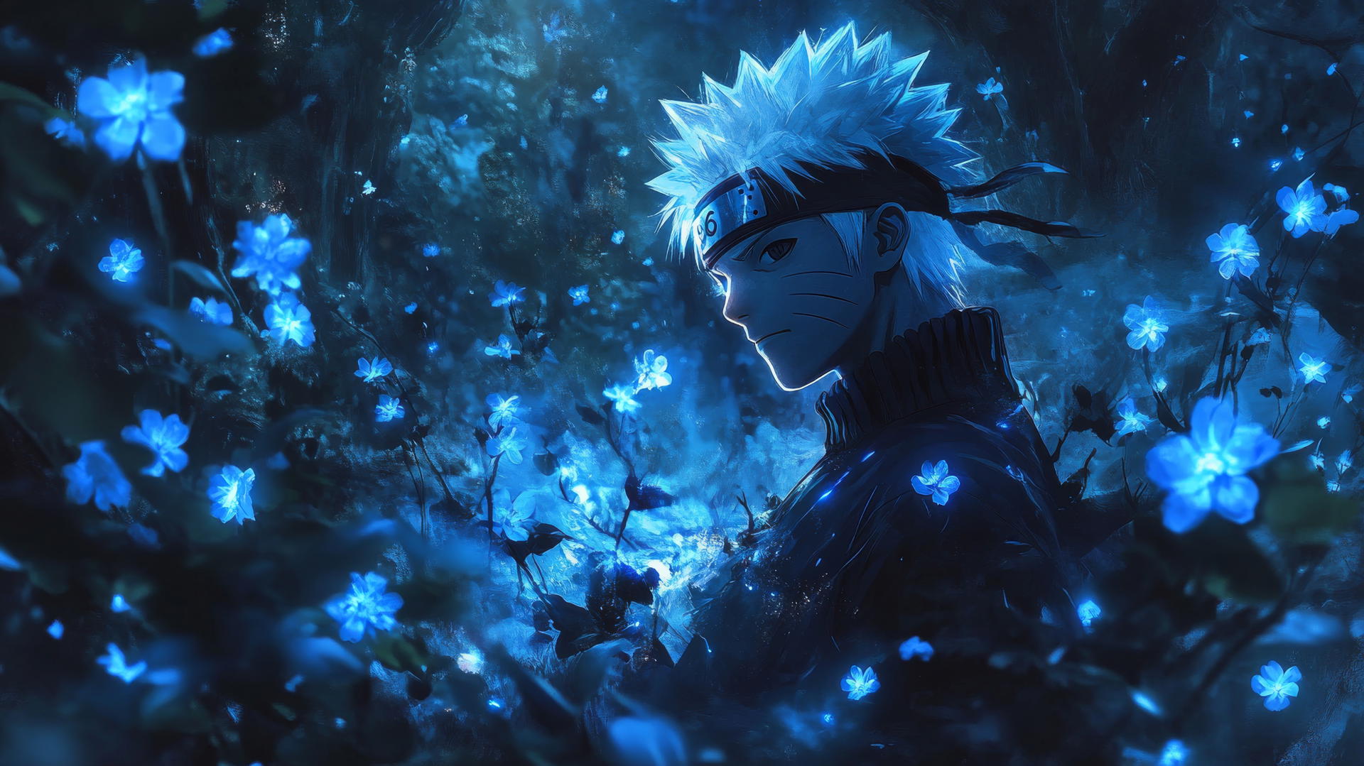 wallpaper naruto 4k: Naruto in a mystical forest with glowing blue flowers and mist