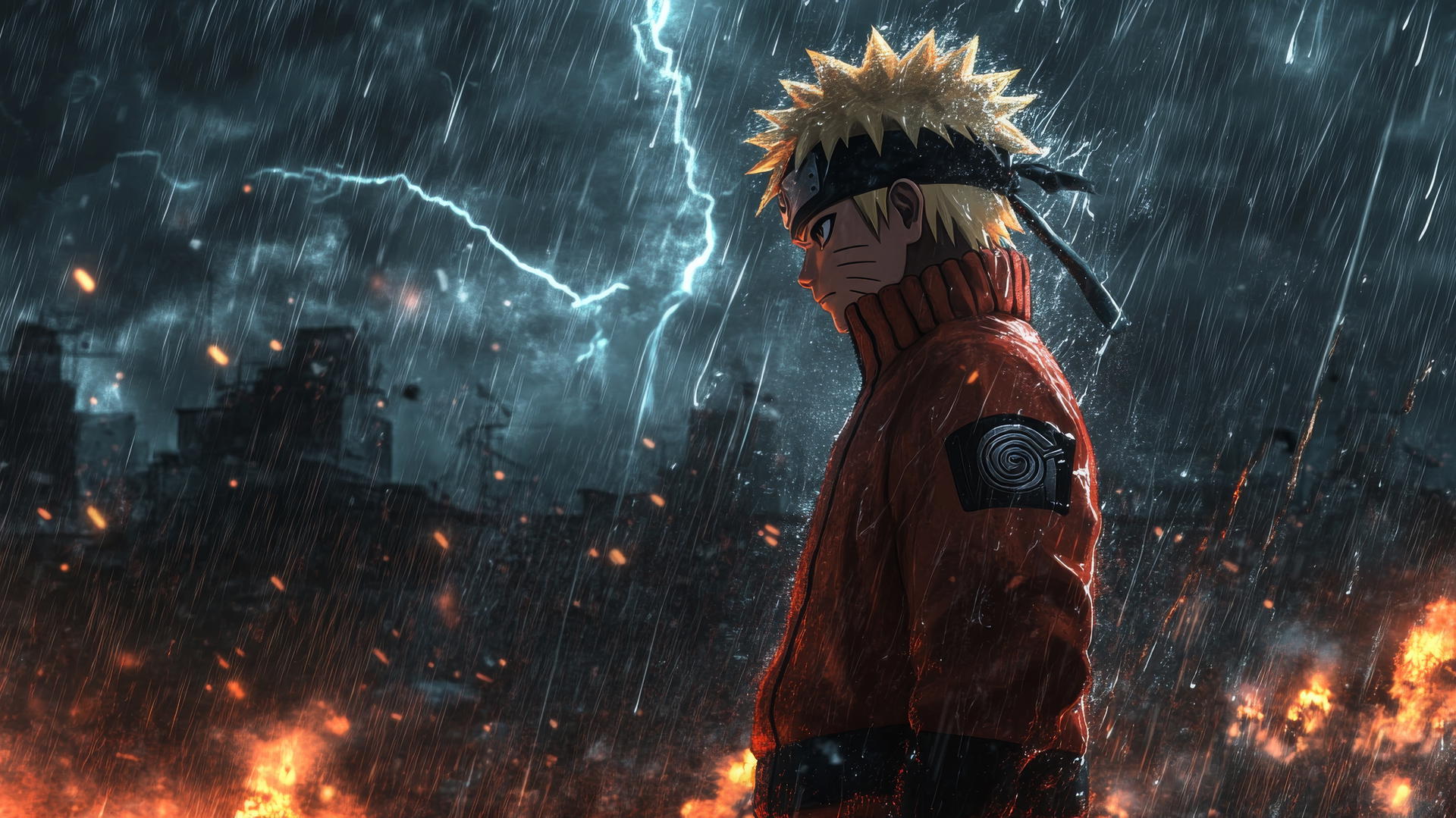 wallpaper naruto 4k Naruto standing strong in a stormy battlefield with rain and lightning
