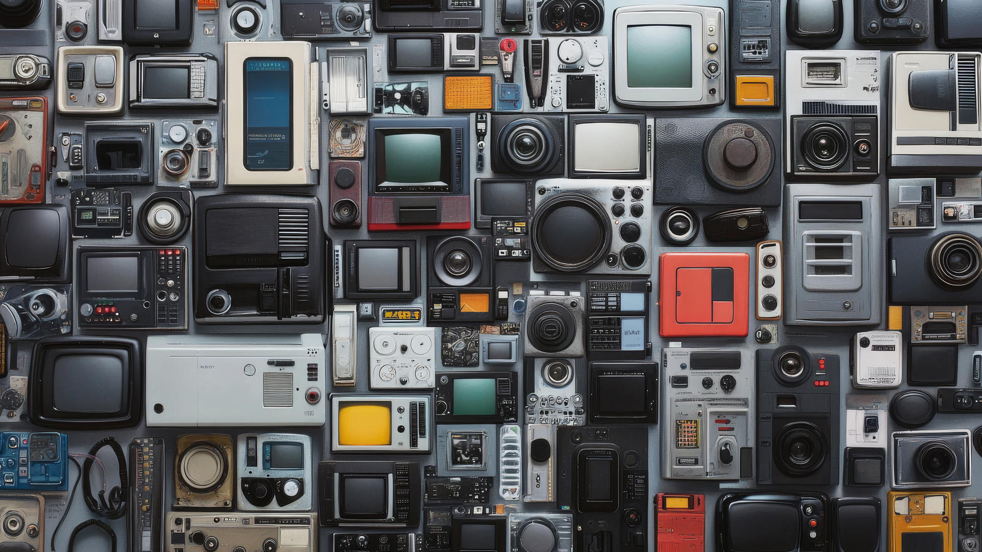 y2k wallpaper with collage of pagers, flip phones, and digital cameras