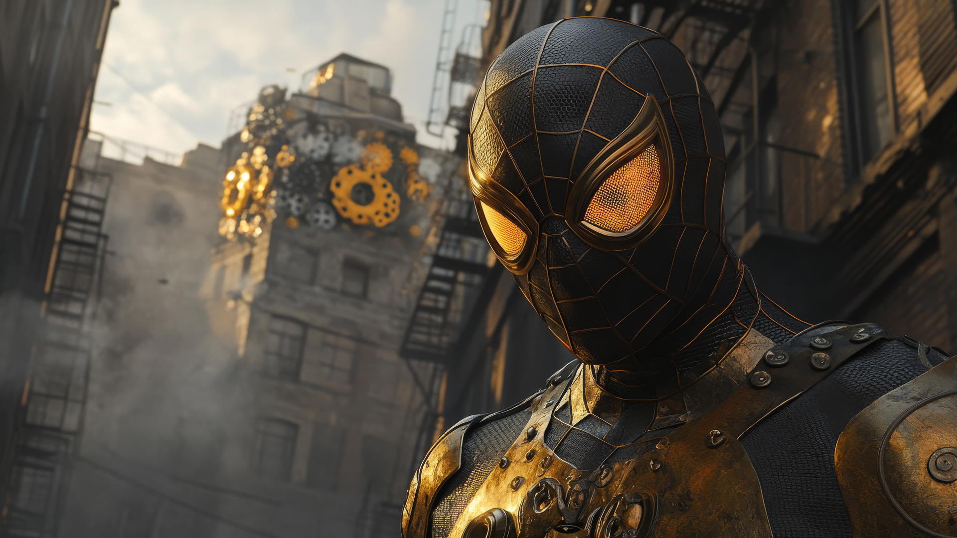 Spider-Man wallpaper aesthetic, steampunk suit with brass and leather details, gears and Victorian buildings