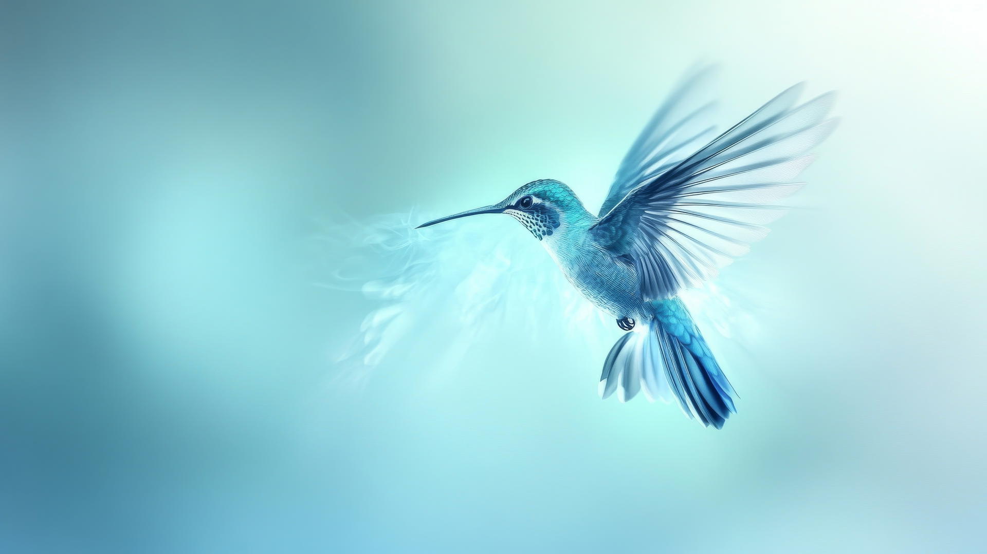 wallpaper blue, vibrant blue hummingbird mid-flight, blurred wings, soft blue gradient background