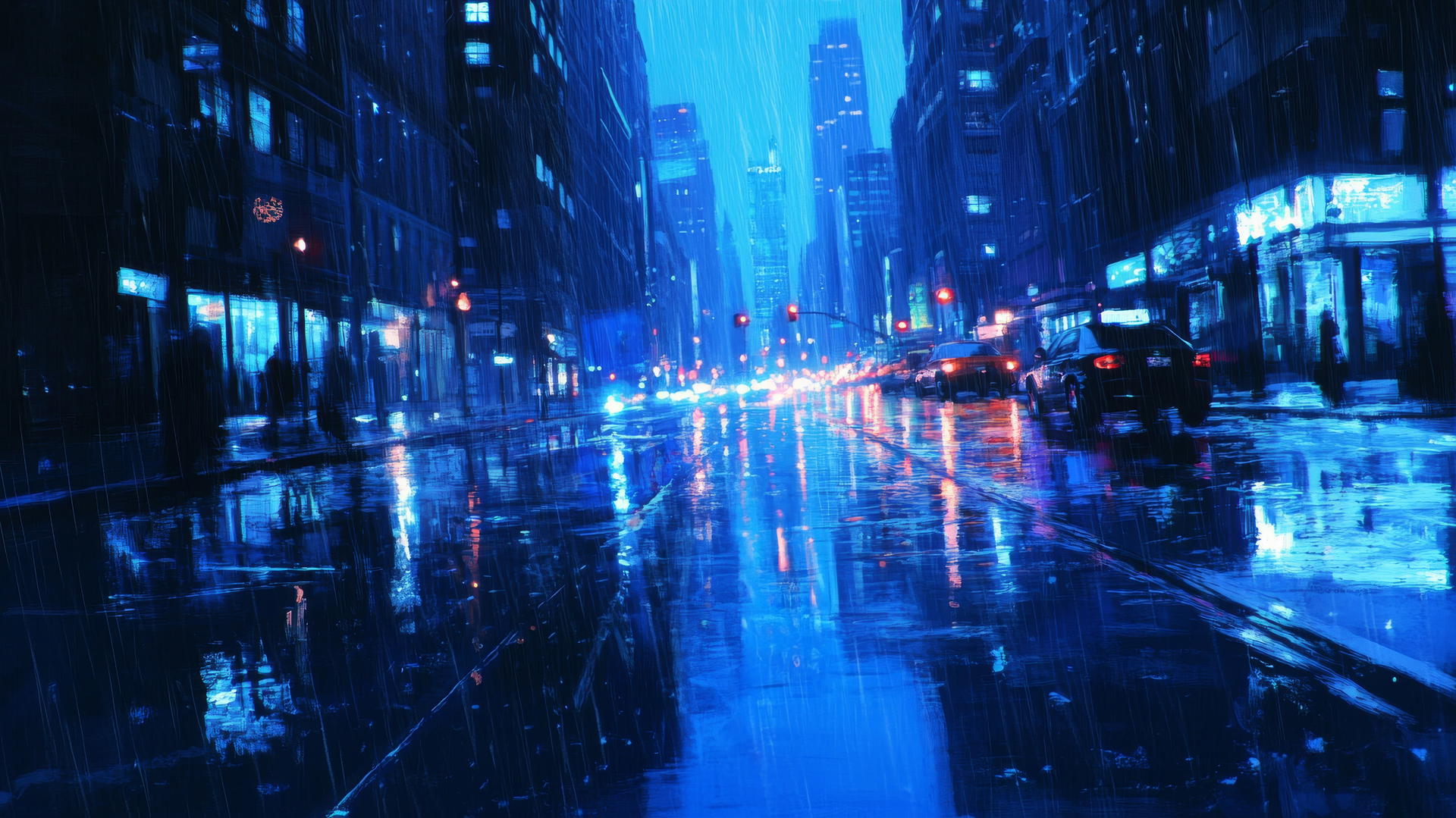 wallpaper blue rainy city street with light reflections