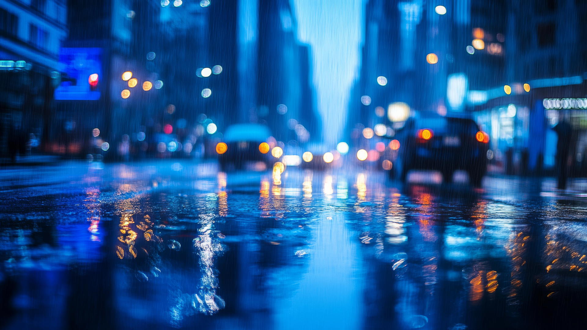 wallpaper blue with rainy city street, light reflections on wet pavement