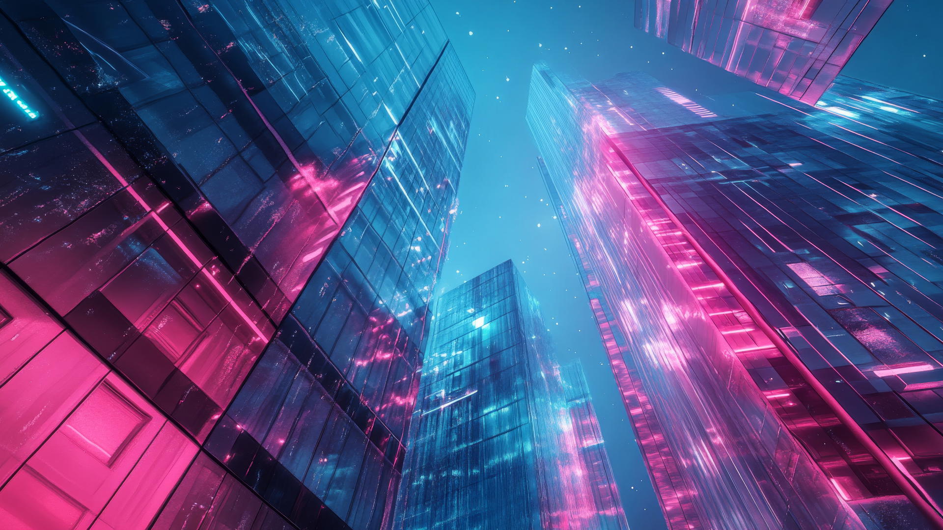 pink and blue wallpaper with neon lights reflecting on modern cityscape