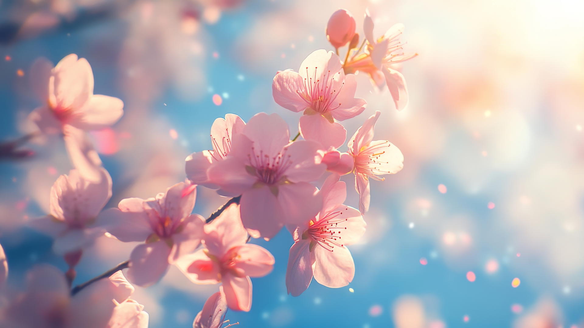 Pink and blue wallpaper with pink cherry blossoms against a bright blue sky