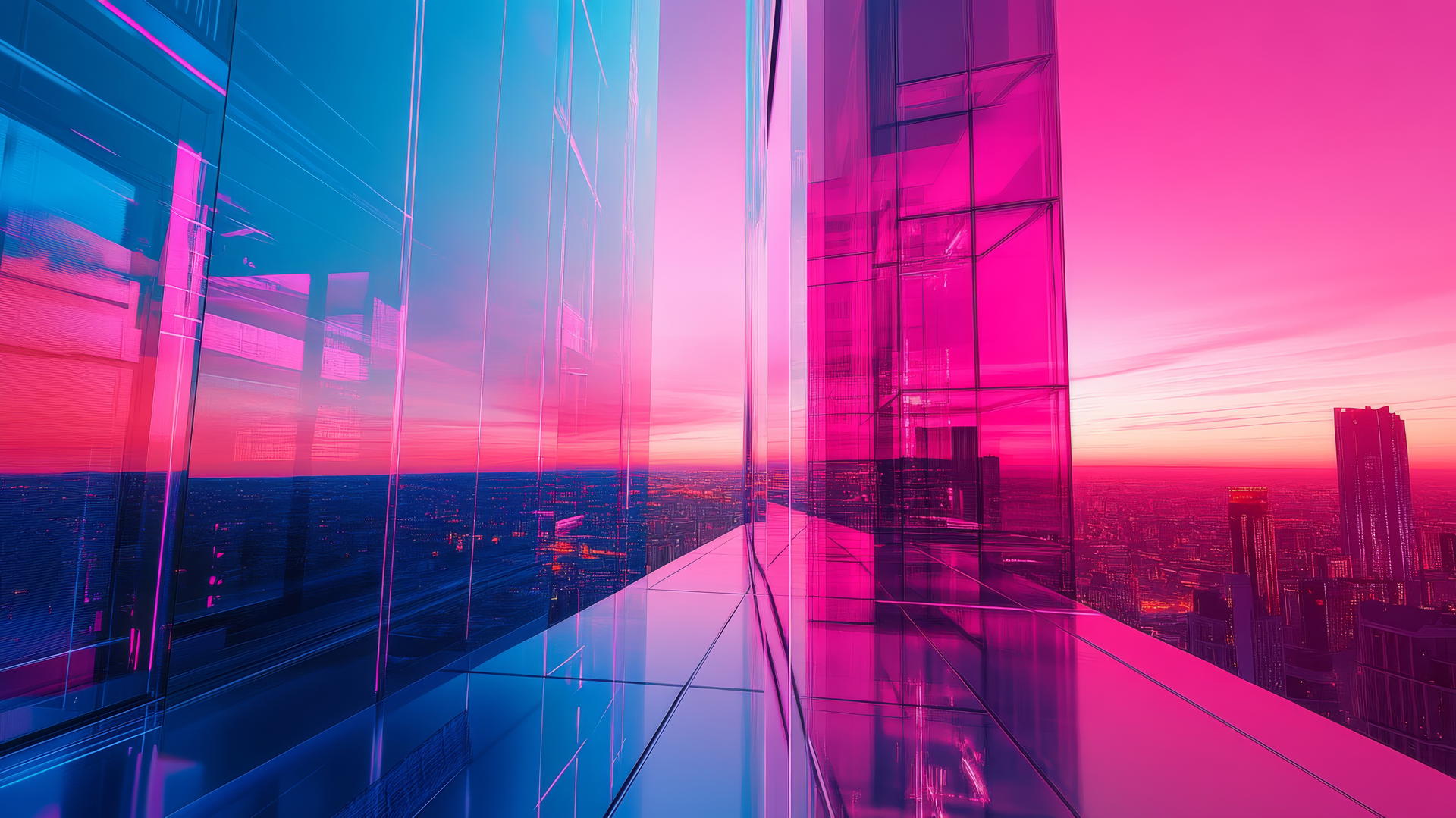 Pink and blue wallpaper featuring a modern cityscape with neon lights.