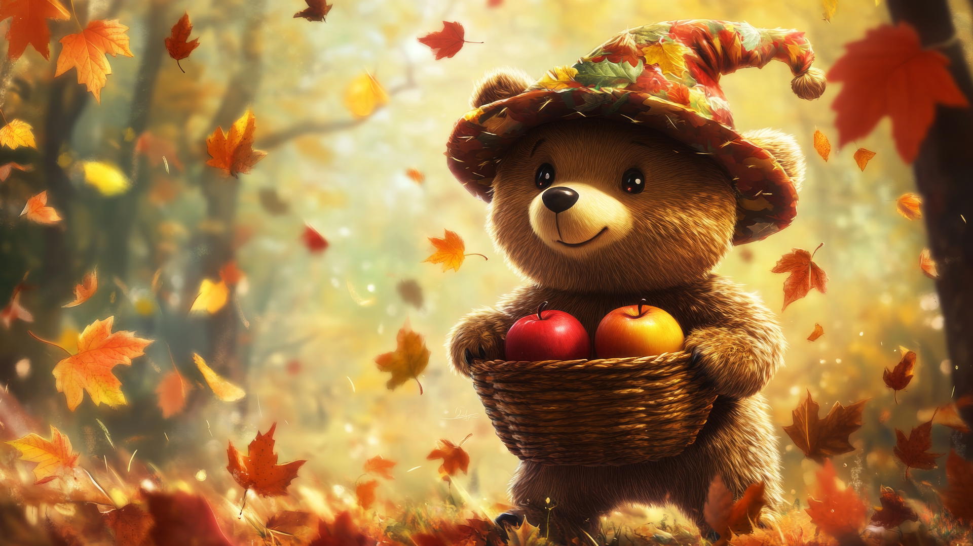Thanksgiving wallpaper cute with cartoon bear in pilgrim hat, basket of apples, and falling leaves