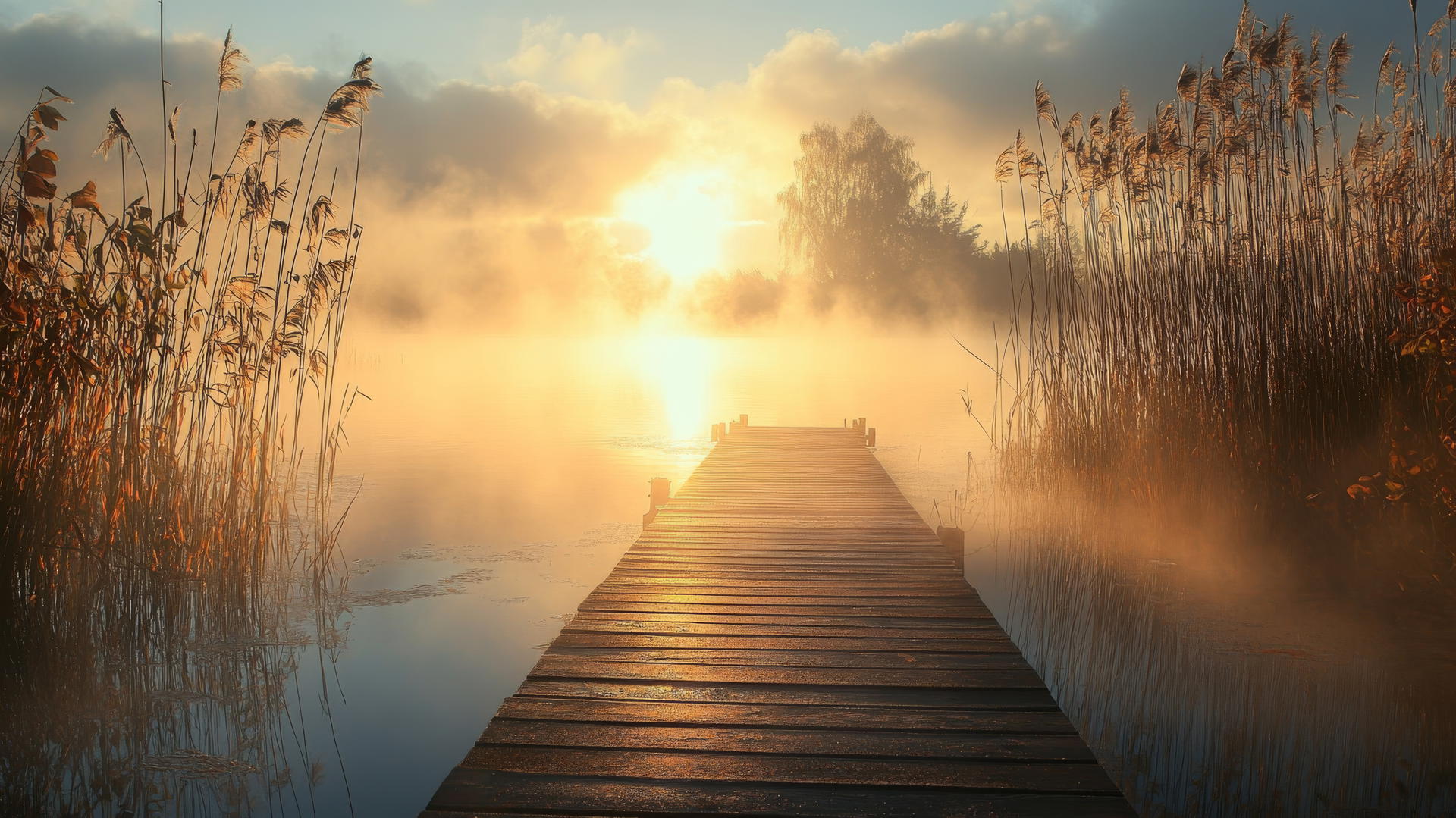 A tranquil wooden dock extending into a foggy lake, surrounded by tall reeds, silhouetted by a rising autumn sun, thanksgiving aesthetic wallpaper