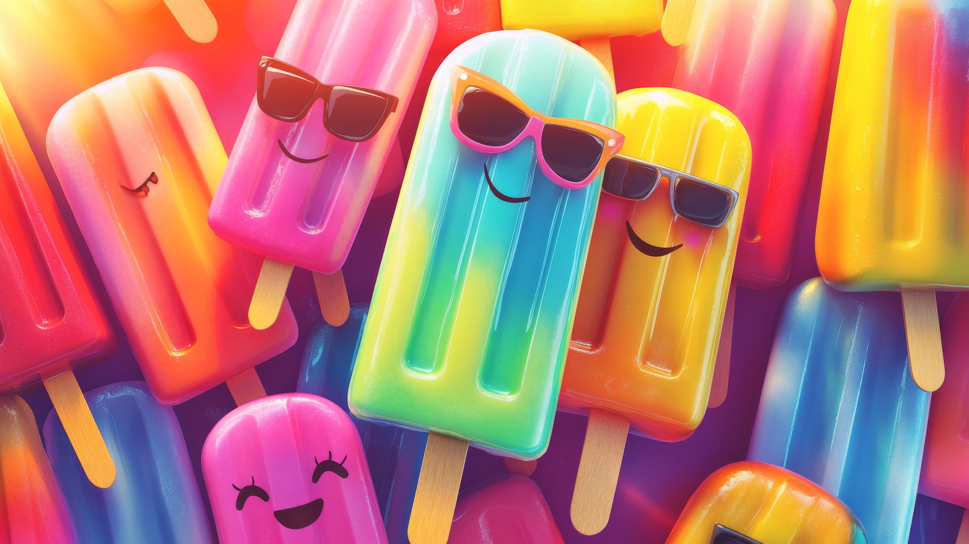 Cute summer wallpaper with cartoon popsicles in bright colors, smiling and wearing sunglasses.