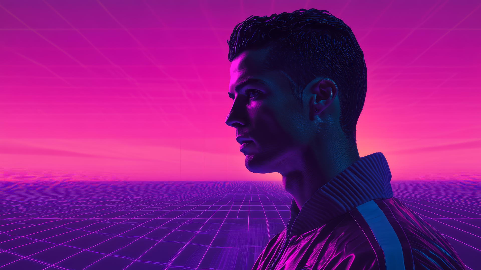 cool Ronaldo wallpaper with vaporwave aesthetic, retro 80s colors, neon gridlines