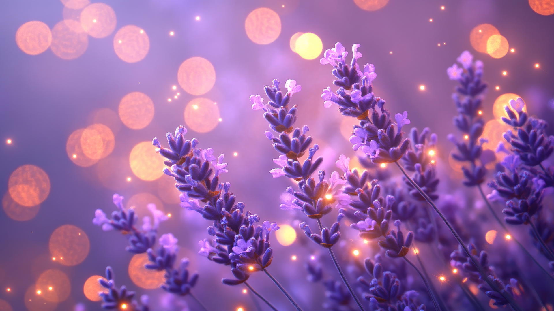 aesthetic purple wallpaper with glowing fairy lights and blooming lavender flowers