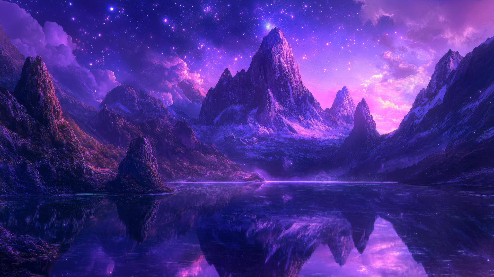 wallpaper purple 4k with towering mountains, glowing stars, and serene lake