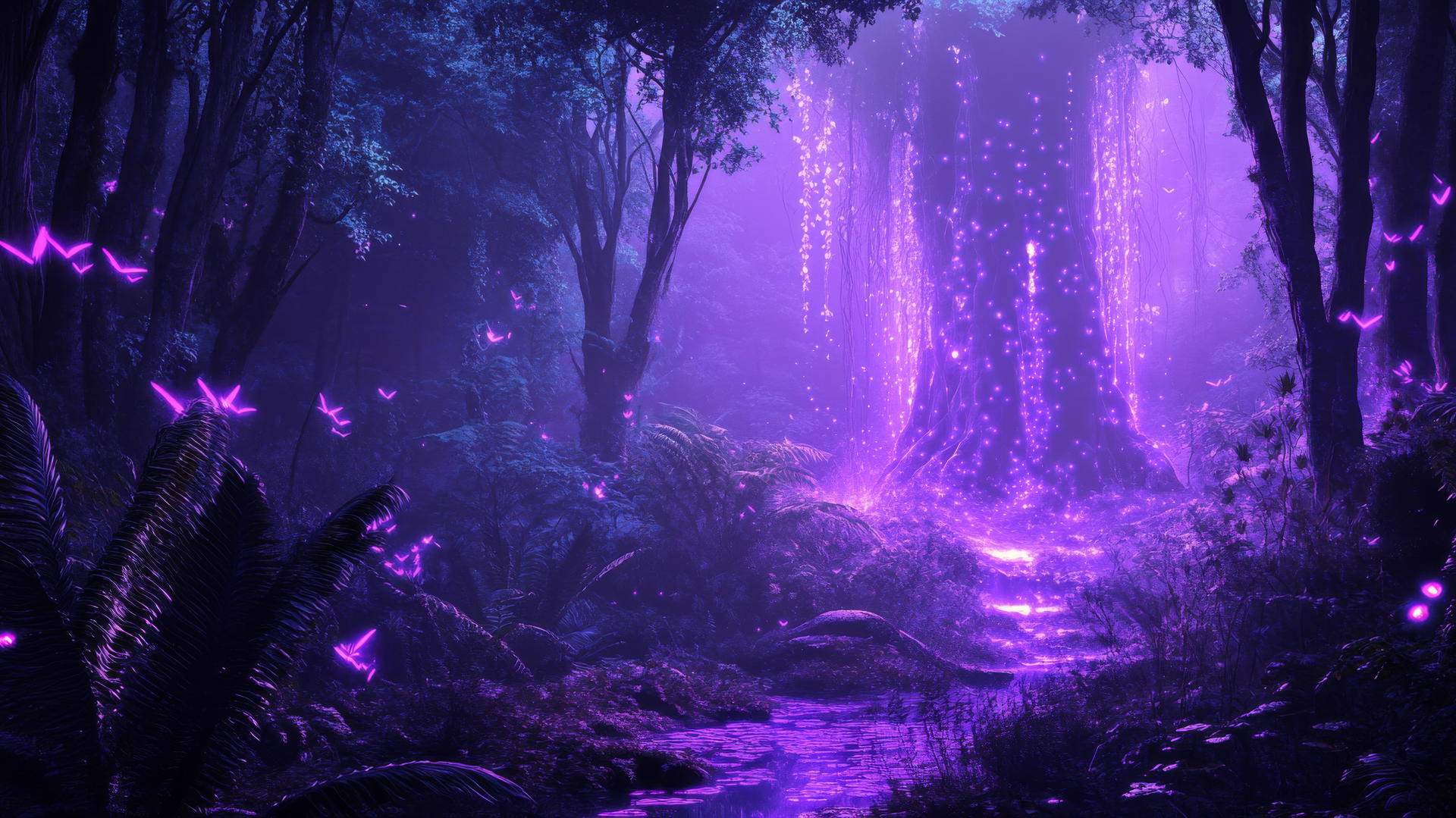 neon purple aesthetic wallpaper with a mystical forest glowing and light emanating from trees and plants