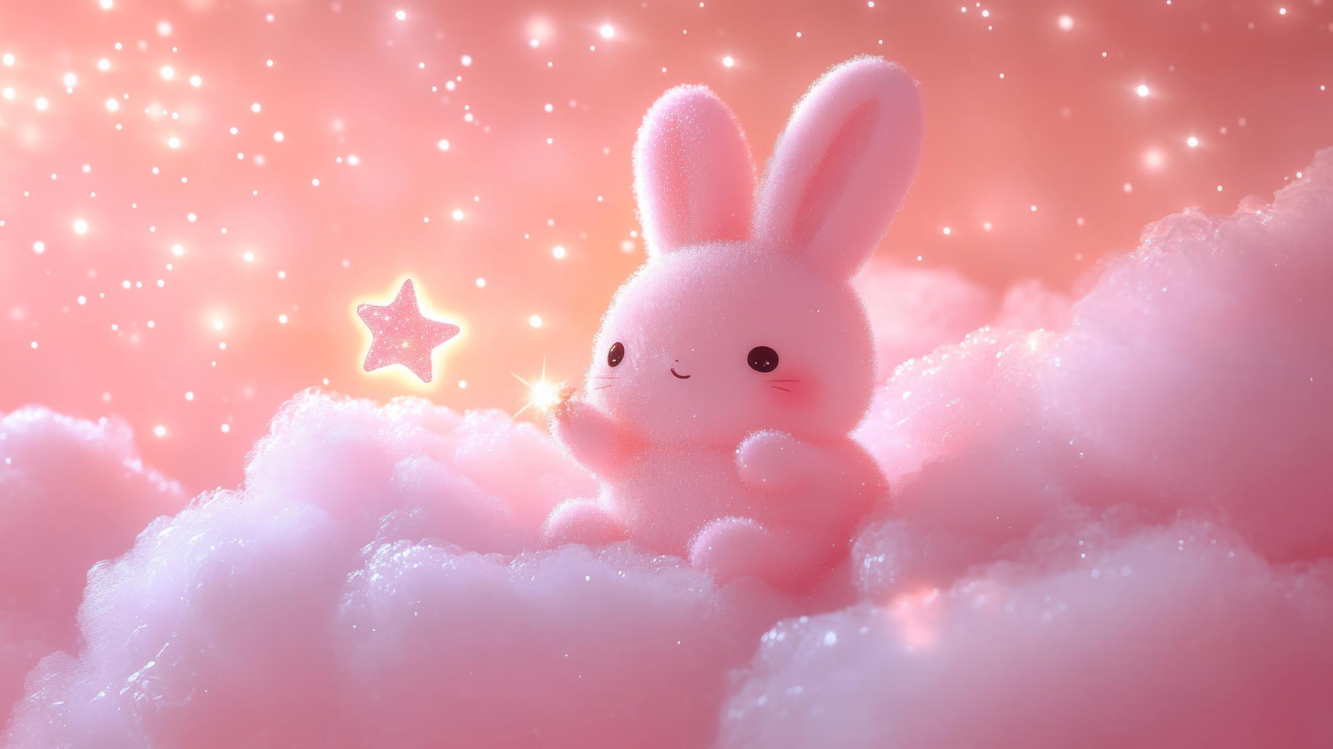 cute pink wallpaper with kawaii bunny holding a tiny star on a fluffy pink cloud