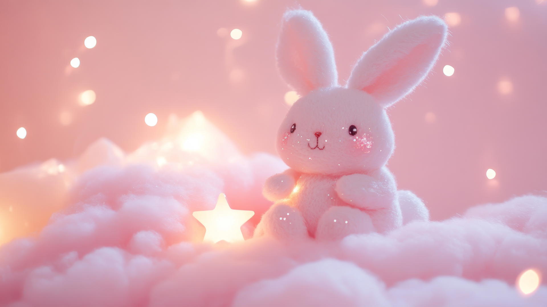 cute pink wallpaper with kawaii pink bunny holding a tiny star on a fluffy cloud with sparkles