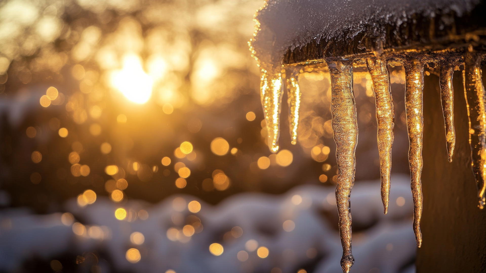 Crystal-clear icicle hanging from snow-covered roof with glistening sunlight, winter wallpaper
