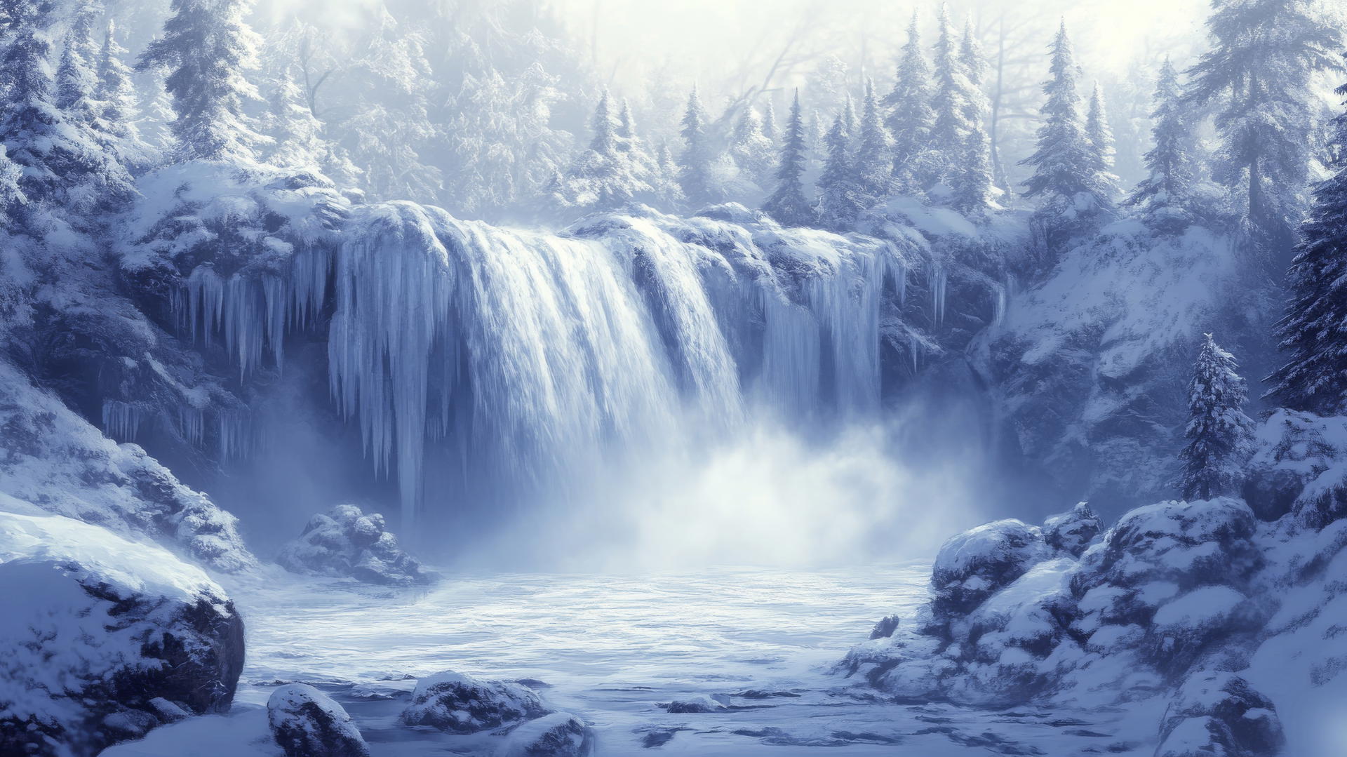 winter background wallpaper with a frozen waterfall, icy rocks, and snow-covered pines