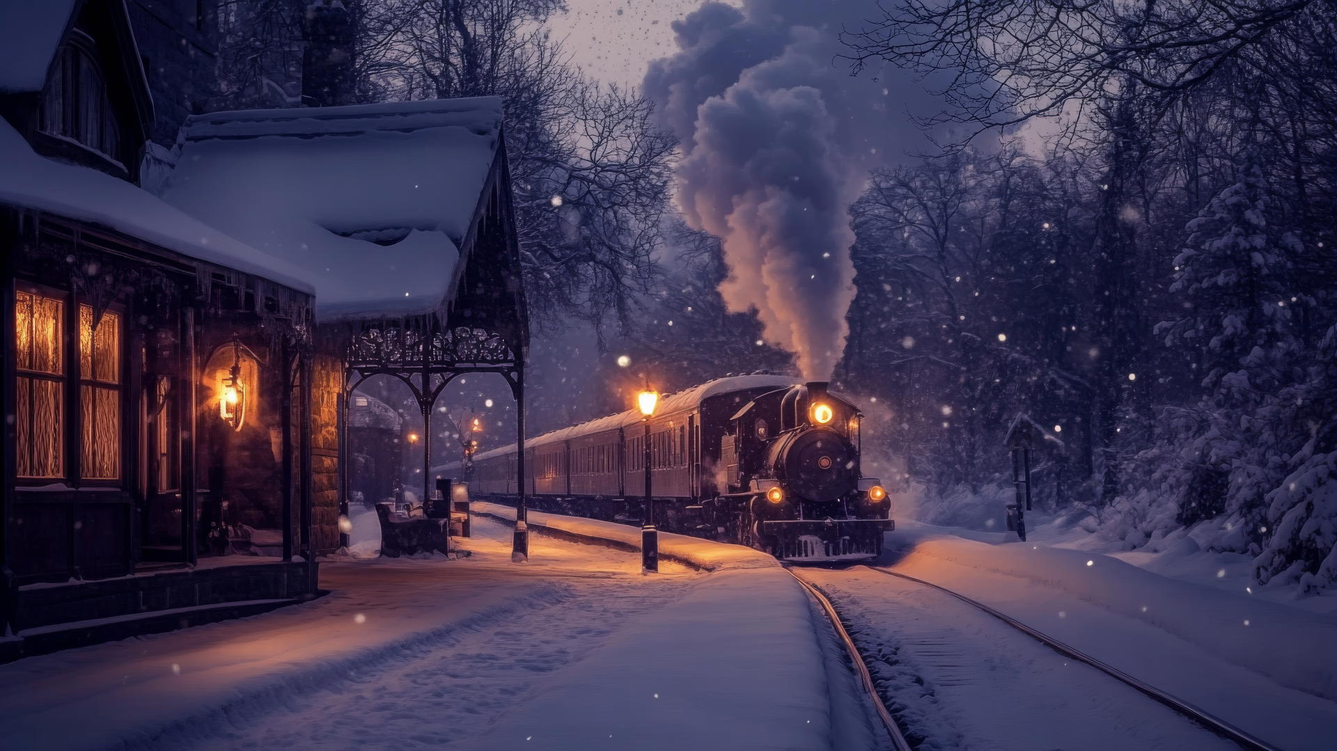 winter background wallpaper with a snow-covered train station at dusk and a vintage steam train arriving