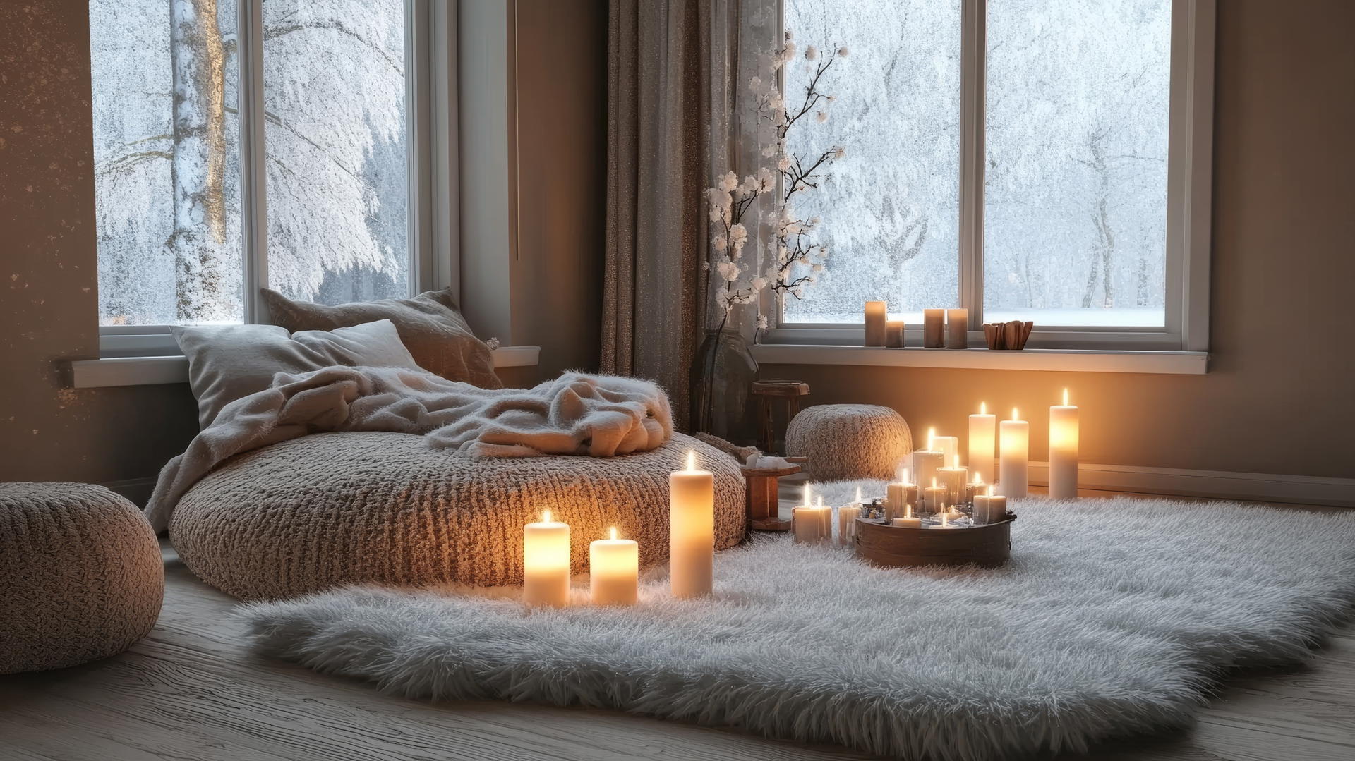 aesthetic winter wallpaper with Scandinavian minimalist interior, glowing candles, and frosted window