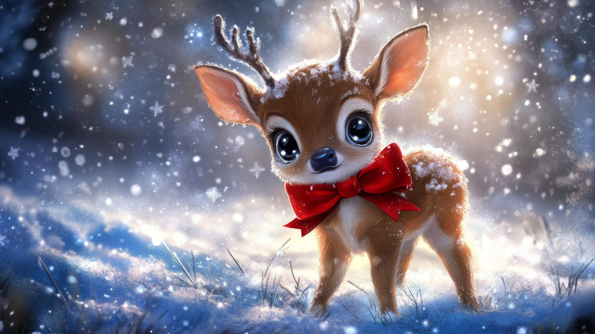 cute winter wallpaper with baby reindeer, red bow, and falling snowflakes