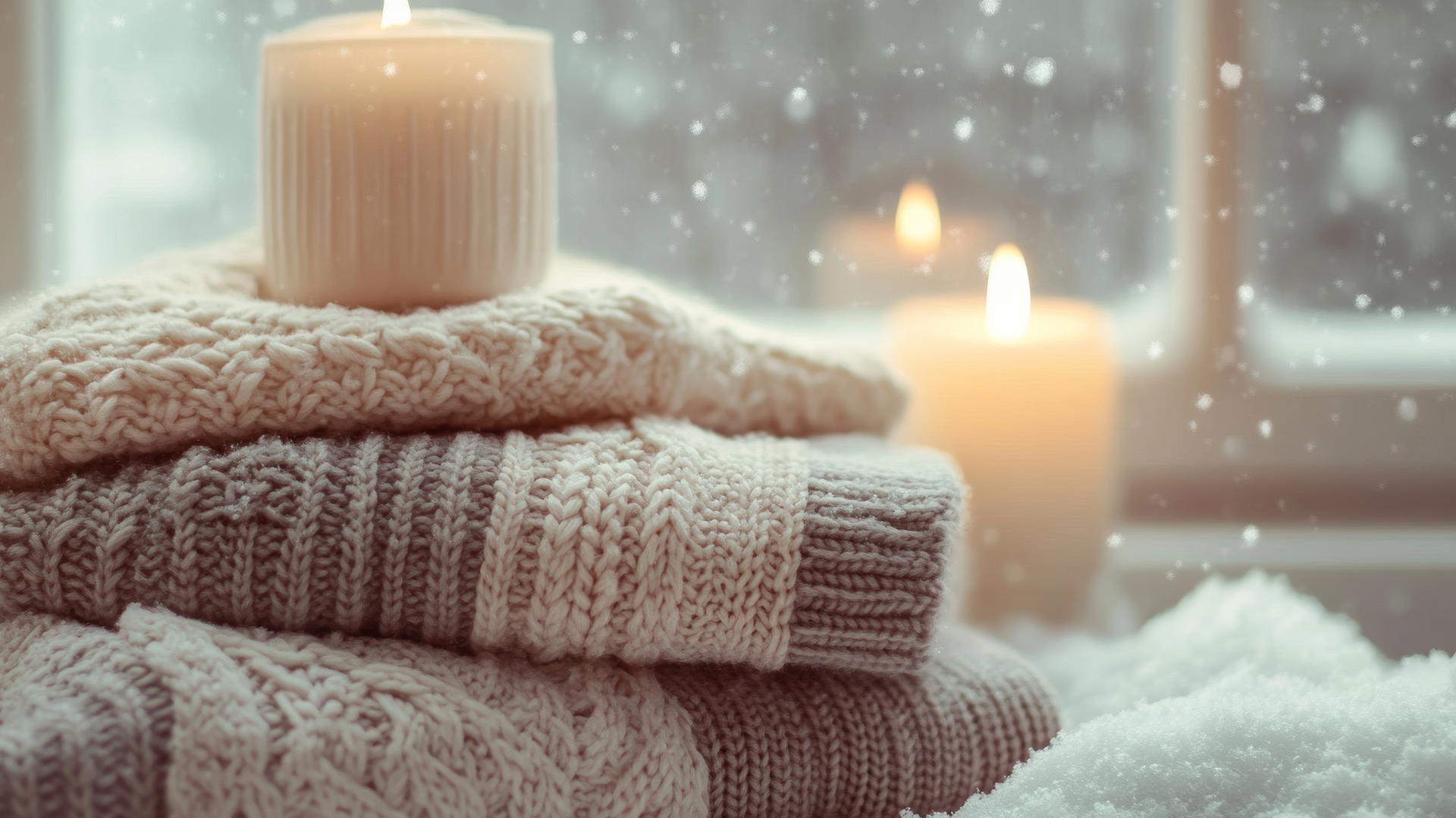 cozy winter iPhone wallpaper with stacked neutral-tone sweaters, snow-covered window, flickering candle