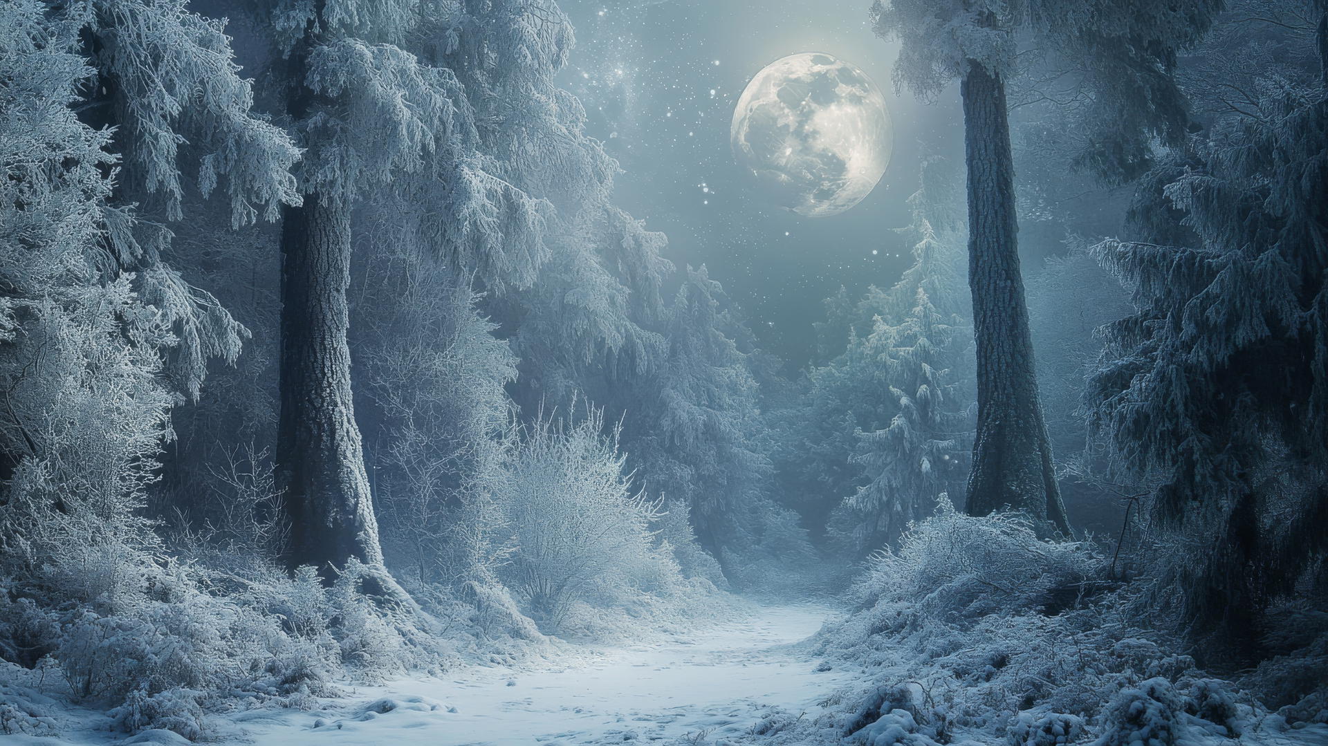 mystical winter forest with frosted trees, ethereal full moon, winter background wallpaper