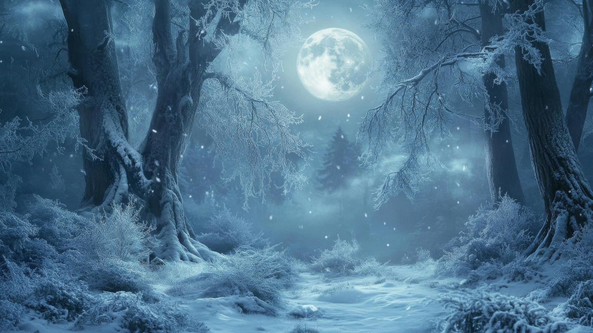 winter background wallpaper with mystical forest and frosty trees under full moon