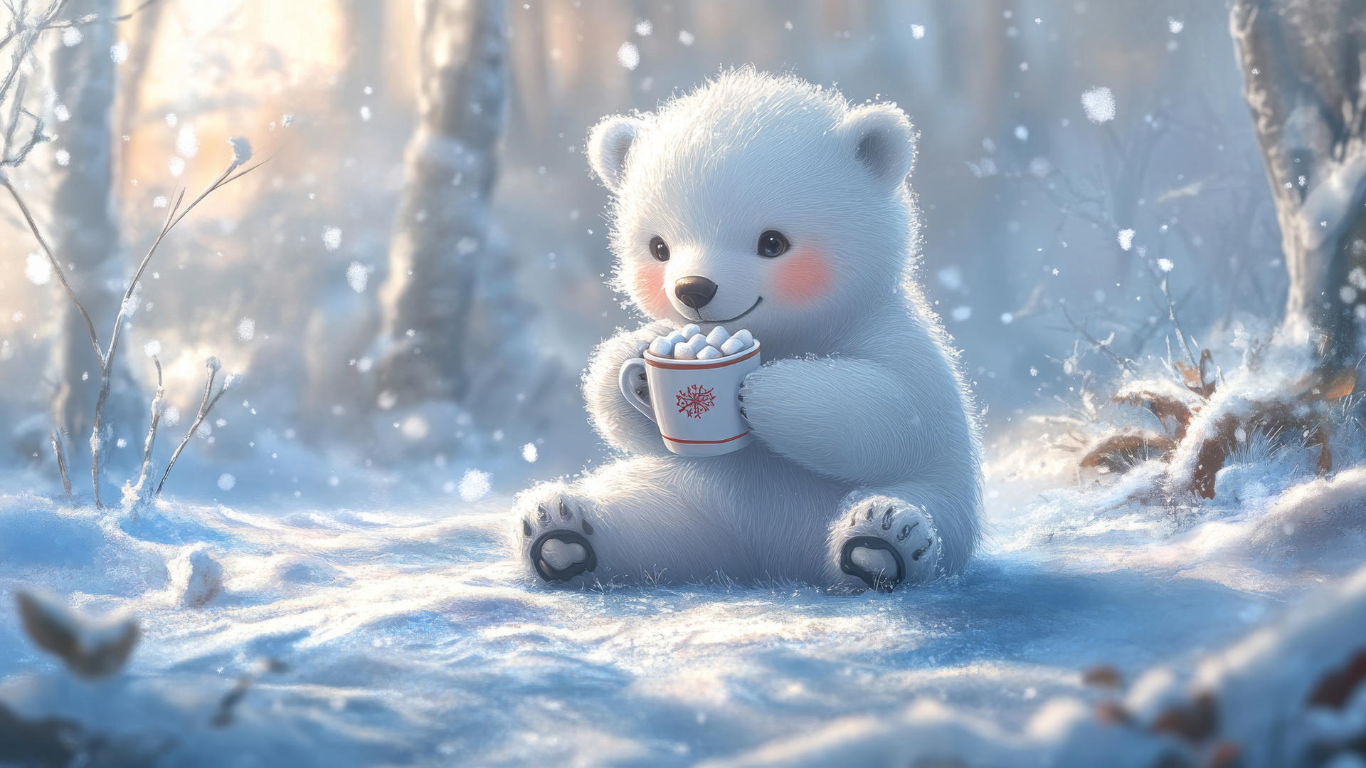 cute winter wallpaper of chubby polar bear cub holding hot cocoa