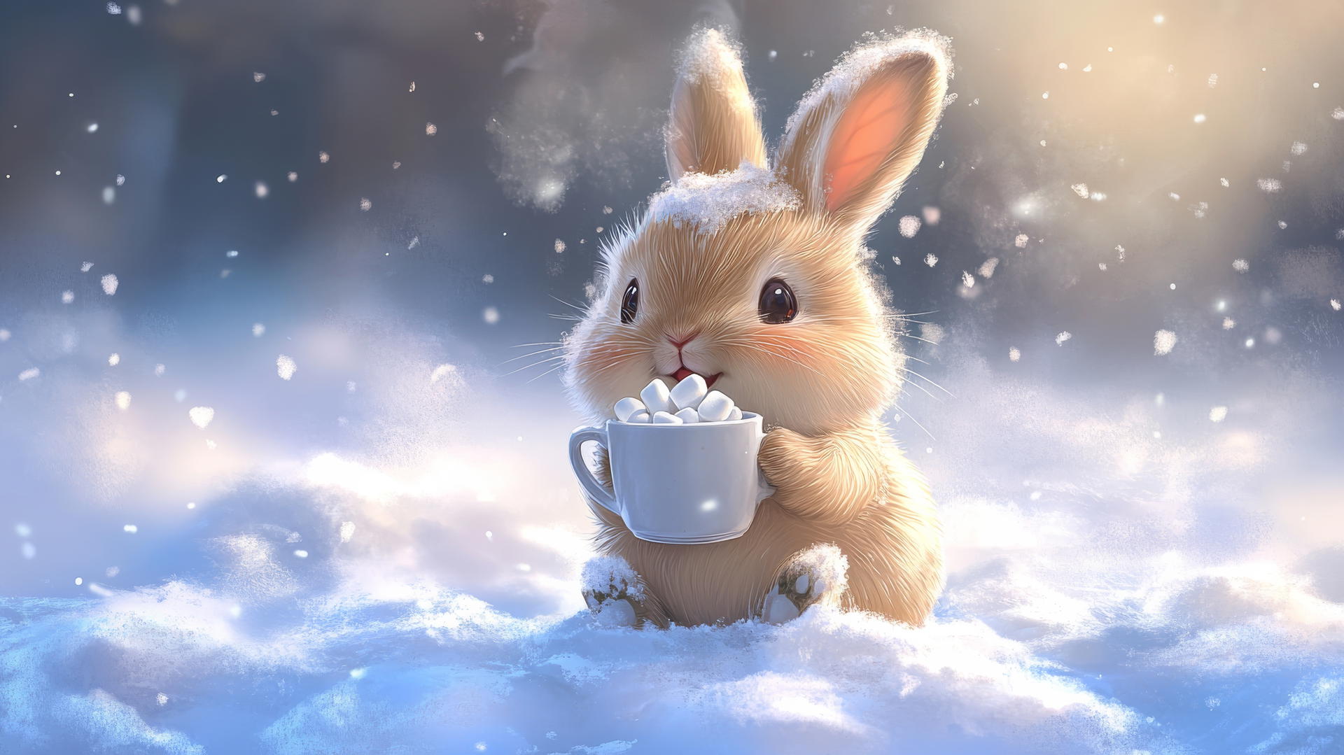 cute winter wallpaper of chubby bunny with hot cocoa in snow