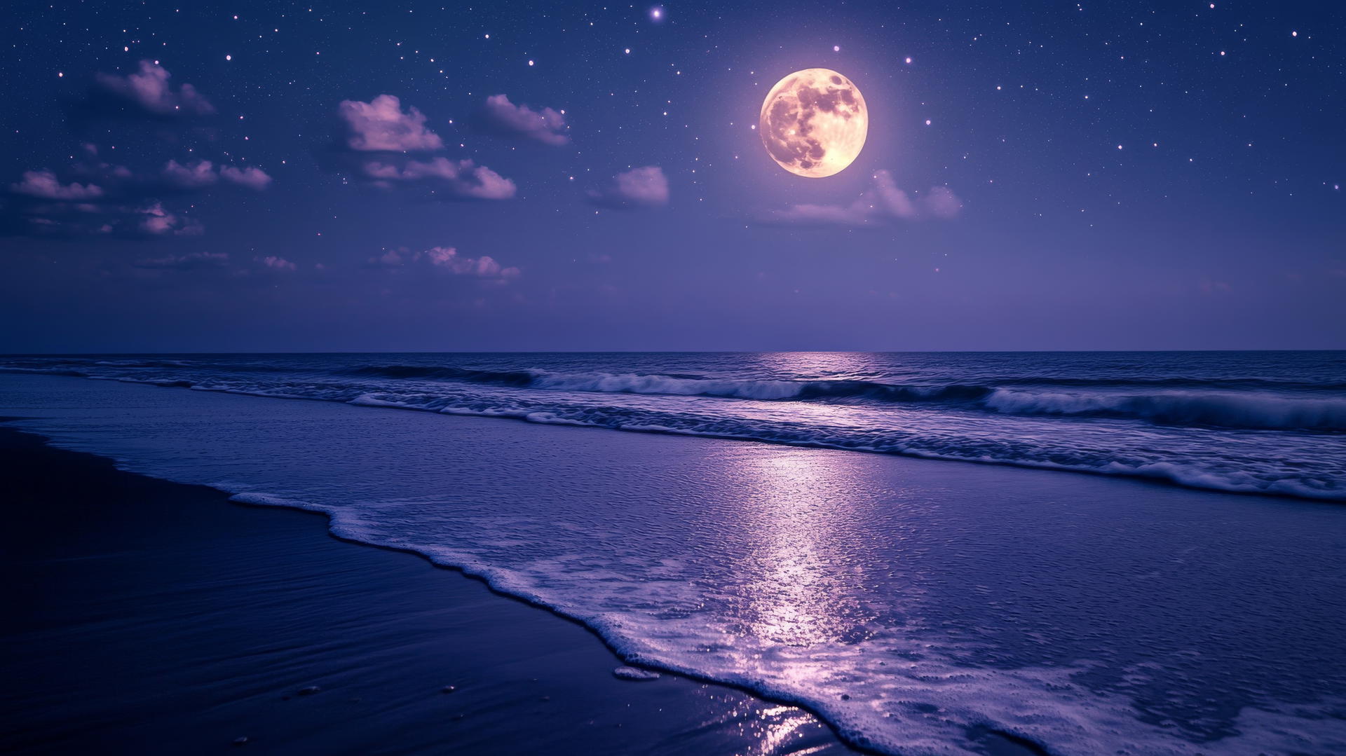 Aesthetic beach wallpaper with a calm night scene, moonlit water, and starry sky.