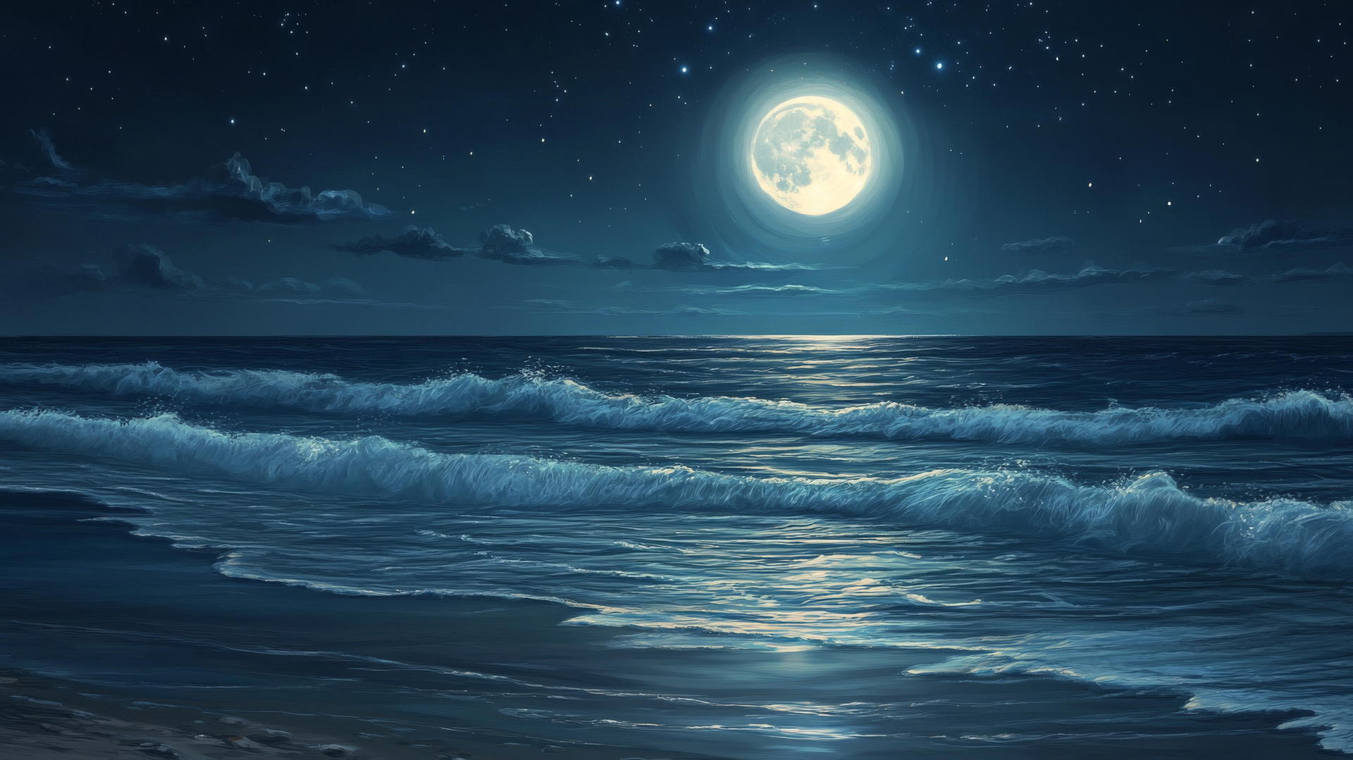 Nighttime beach background wallpaper with full moon, glowing waves, and twinkling stars