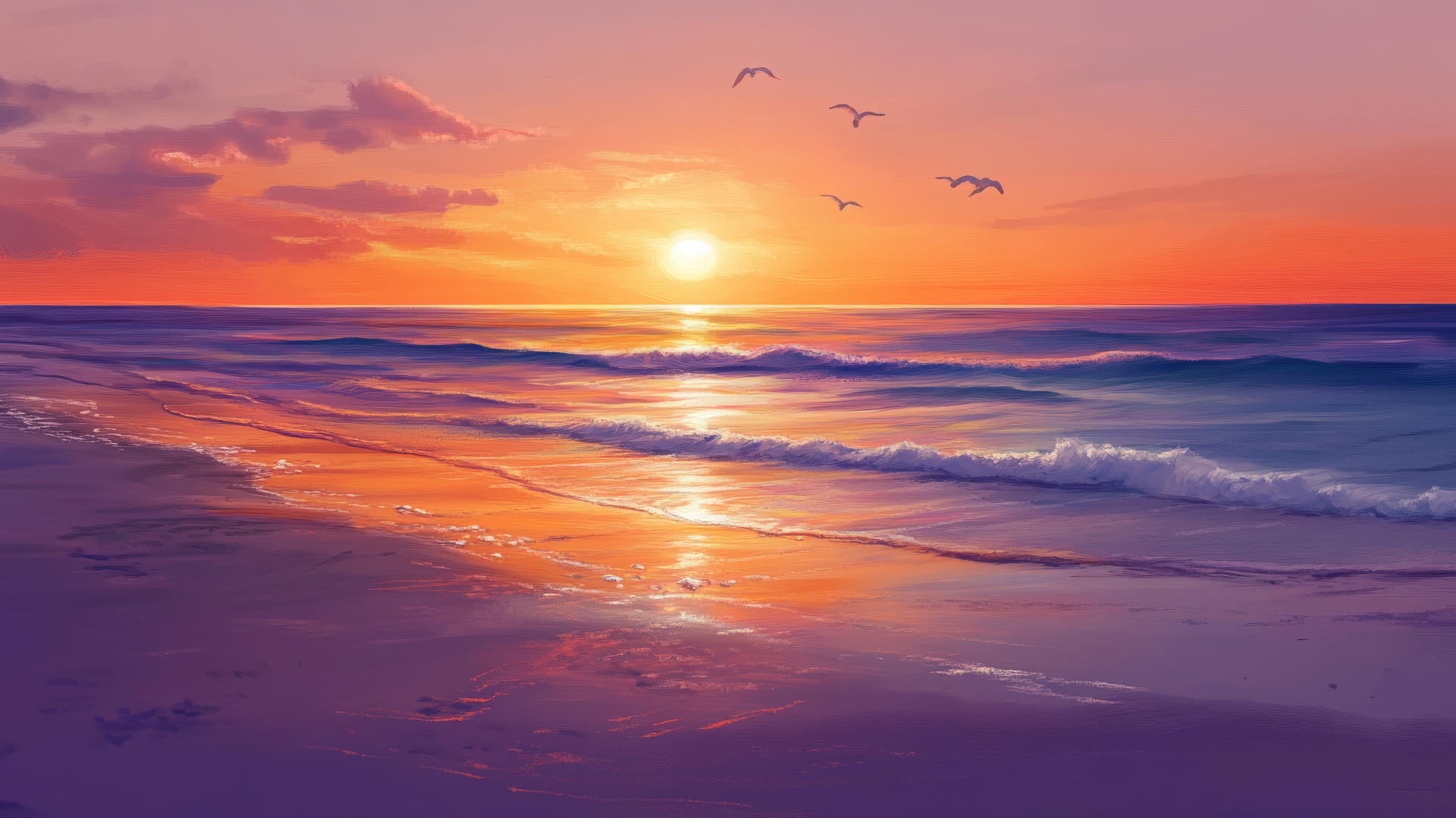 A colorful beach sunset wallpaper with seagulls and sparkling waves.