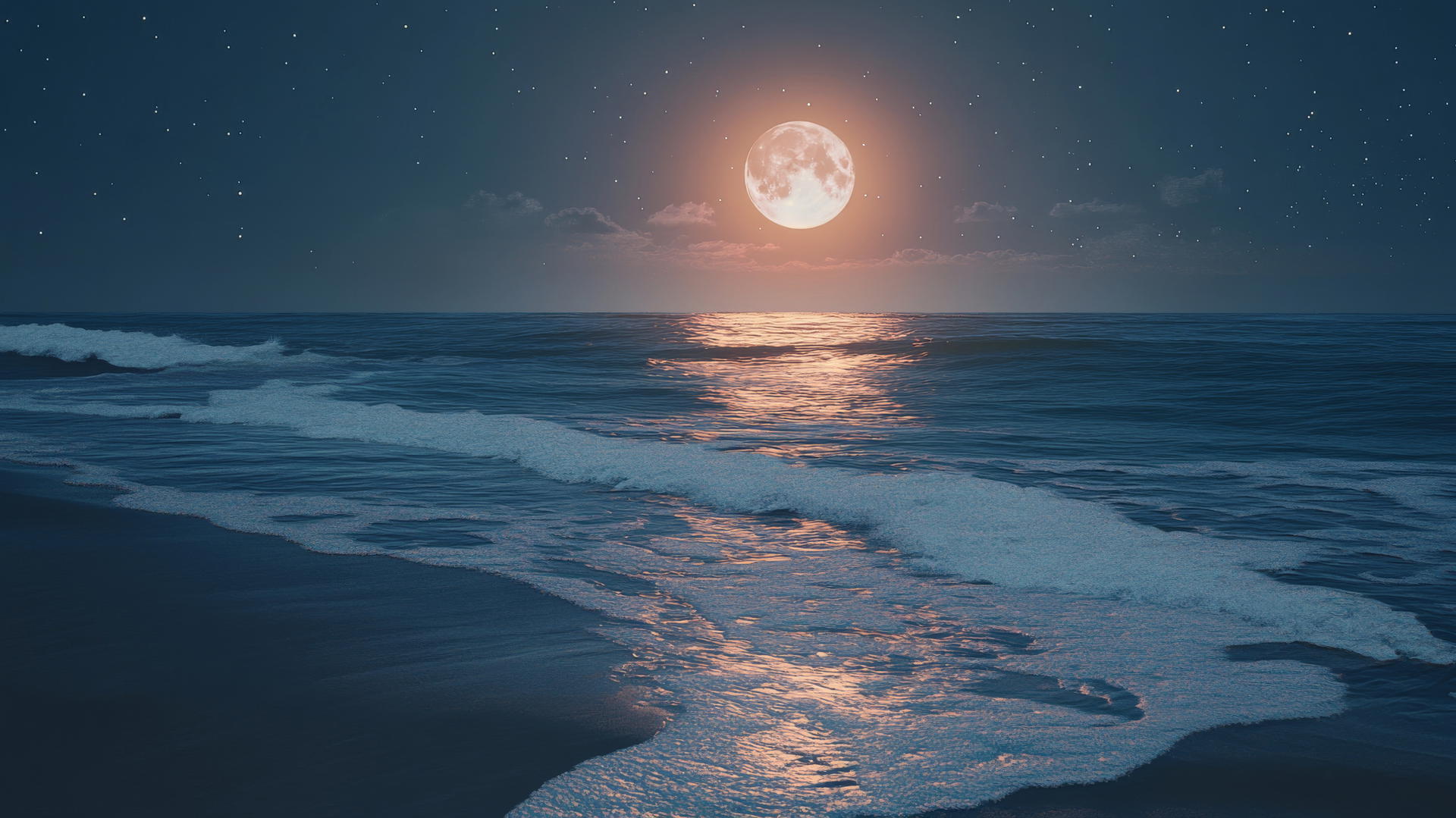 Nighttime beach background wallpaper with full moon and glowing waves