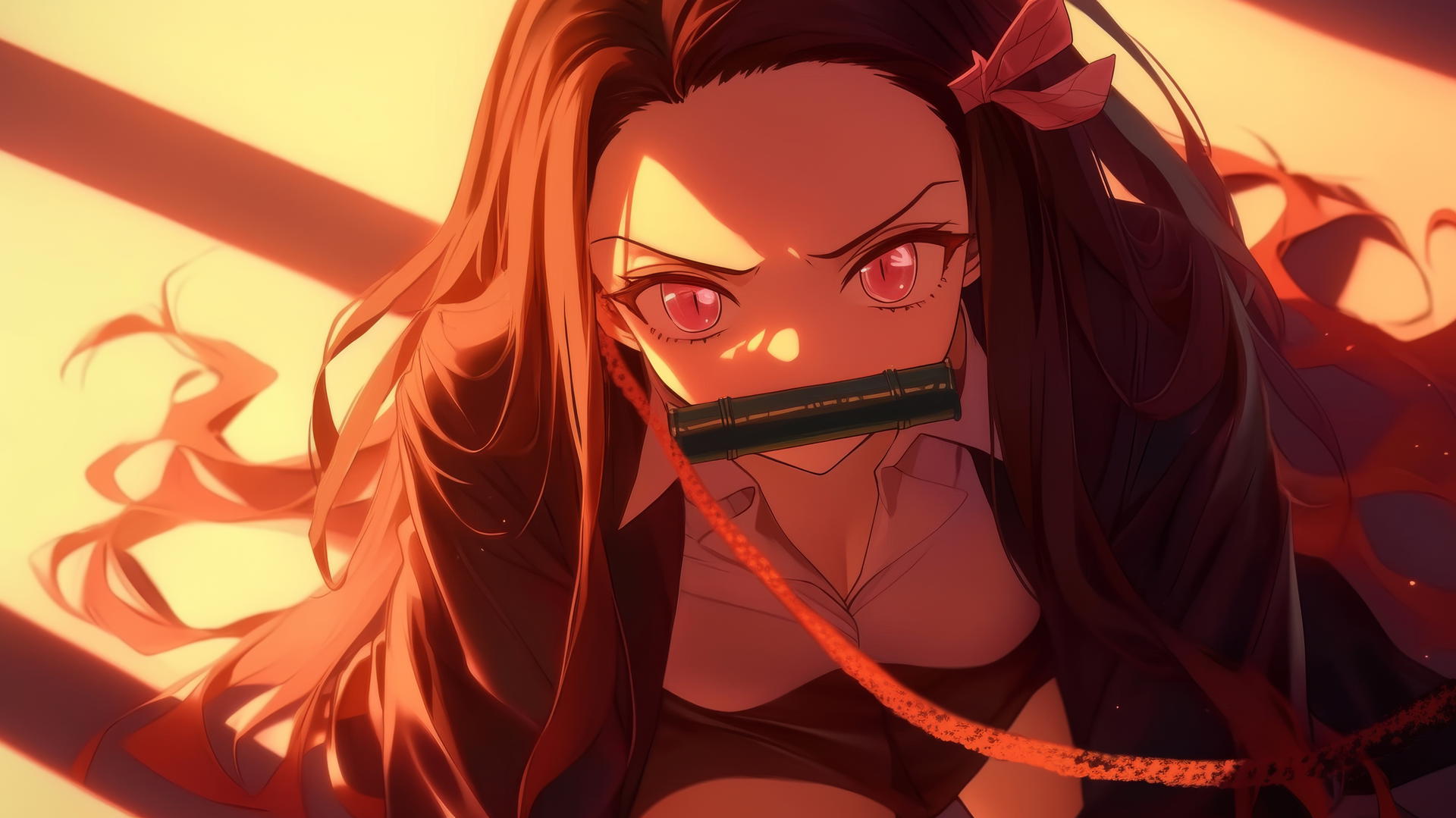 Kneeling Nezuko from Demon Slayer in an office shirt, warm-lit modern hotel room, demon slayer wallpaper.