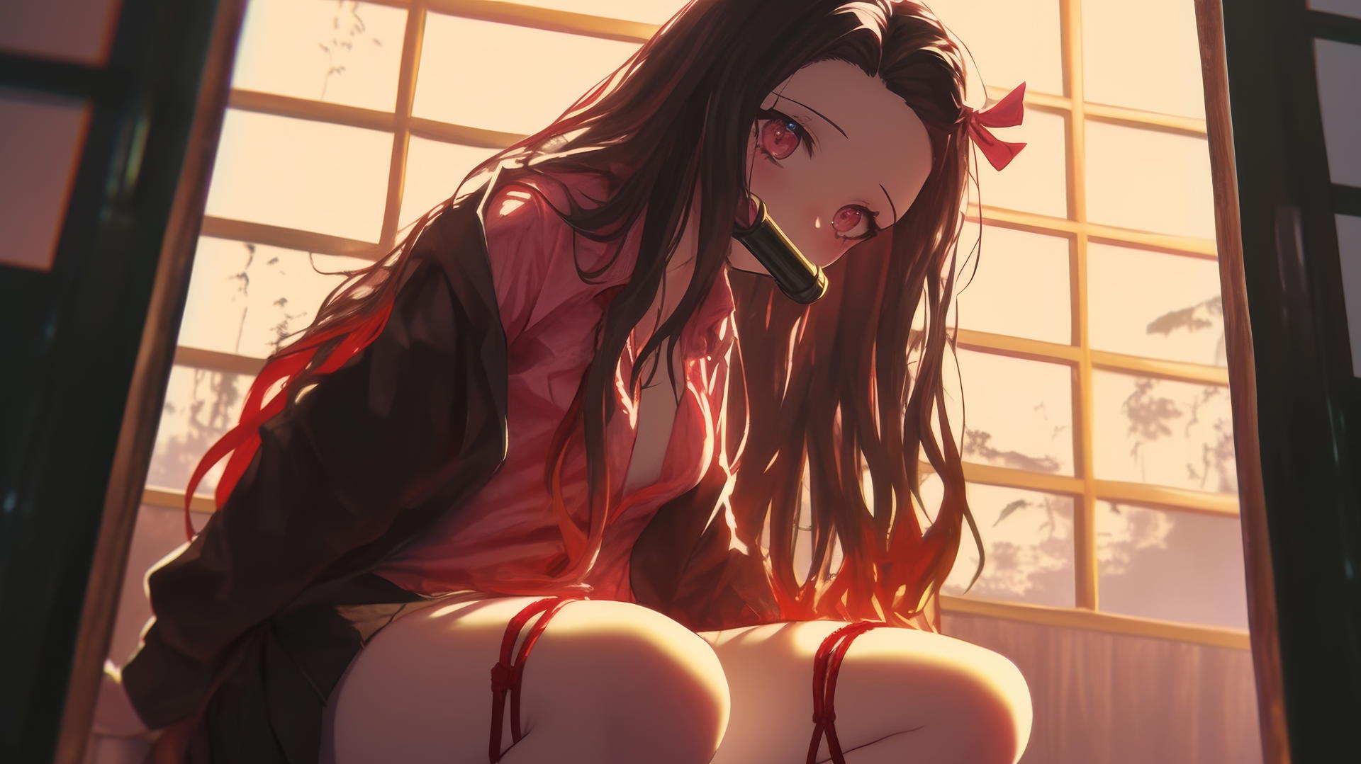 demon slayer wallpaper with Nezuko kneeling in an office shirt, seen from below in a warm-lit modern hotel room