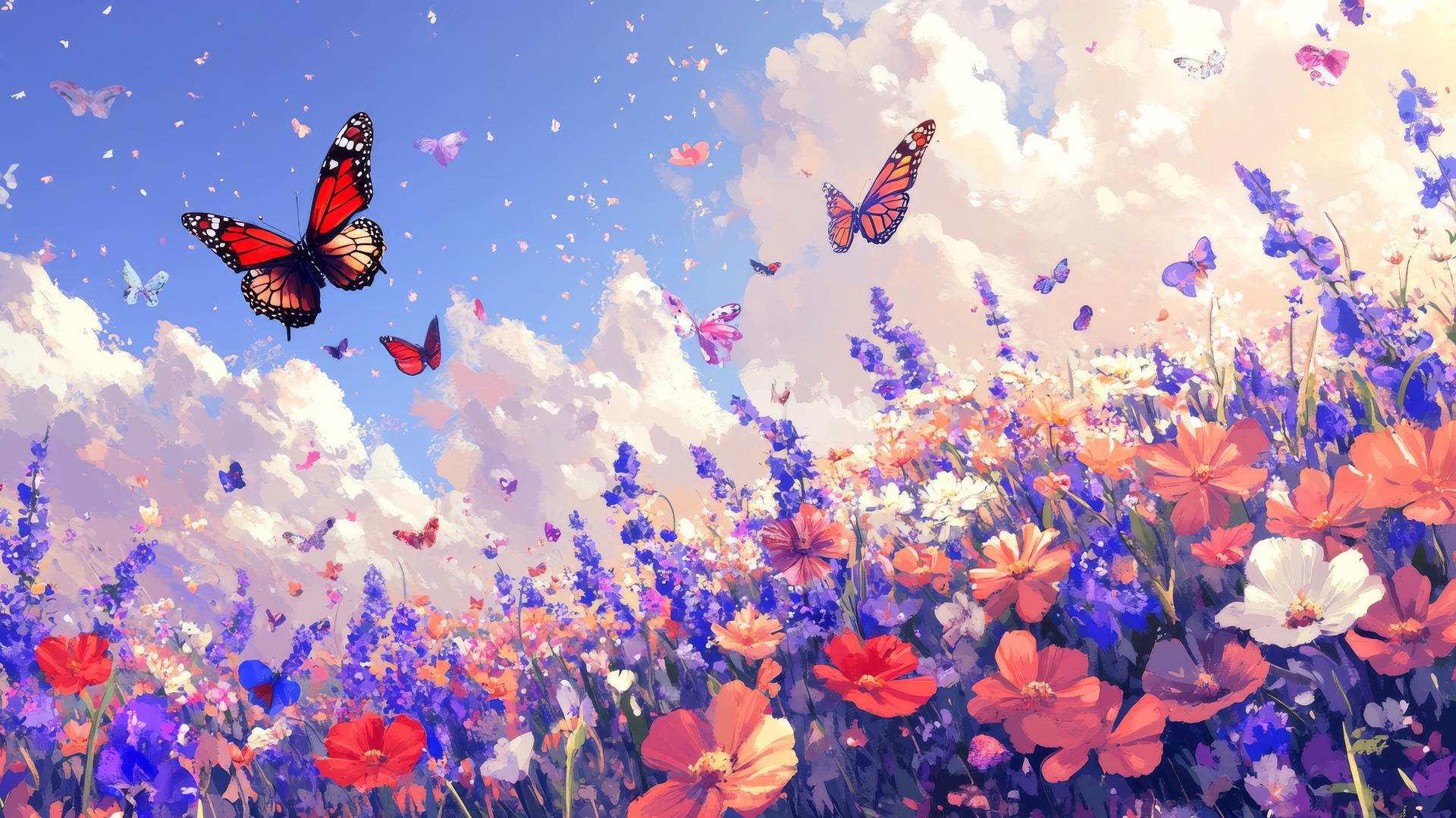 spring wallpaper with butterflies over a colorful flower field